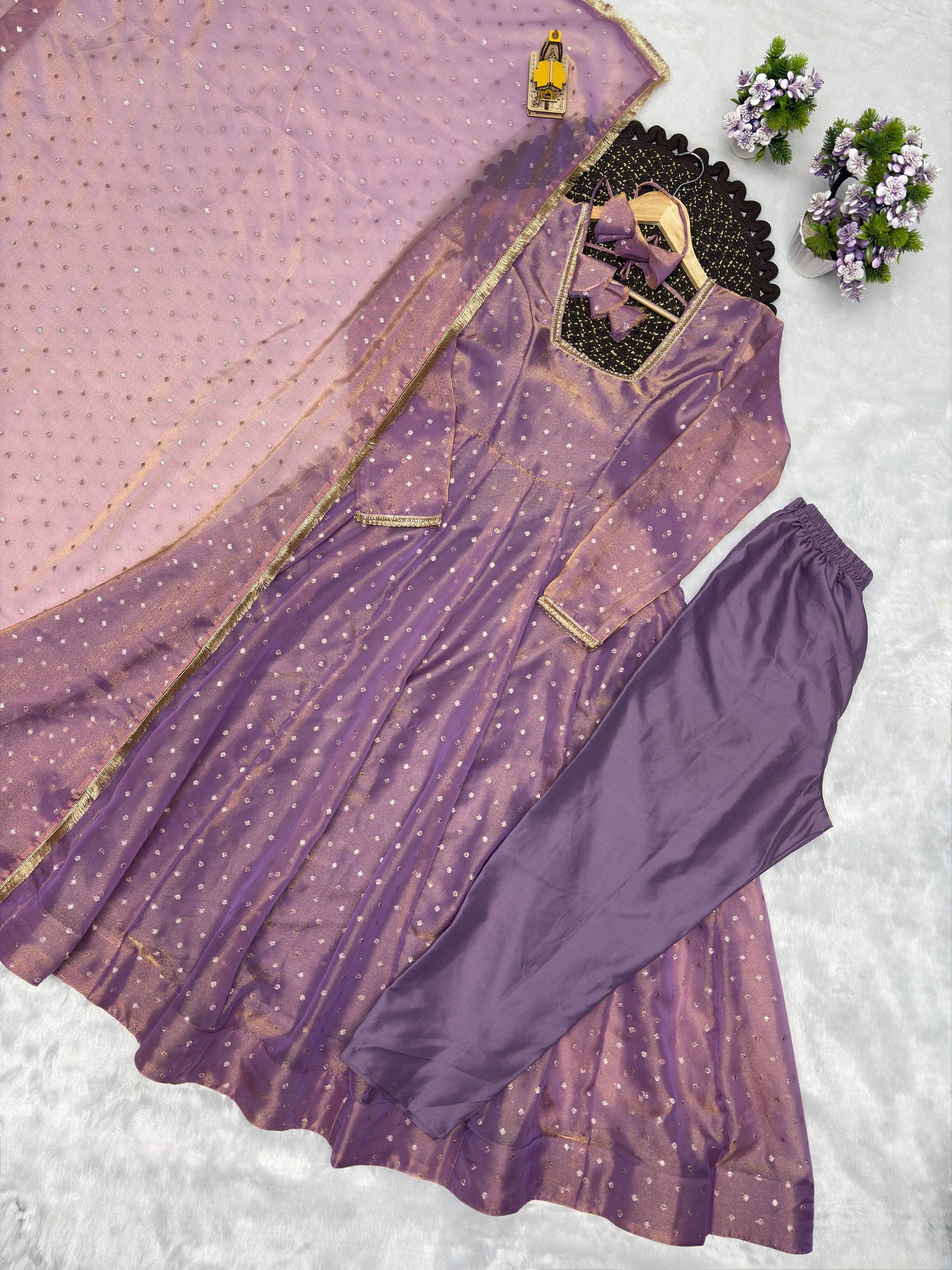 Lavender Soft NC Moss Butty Anarkali Suit Set with Pant & Dupatta