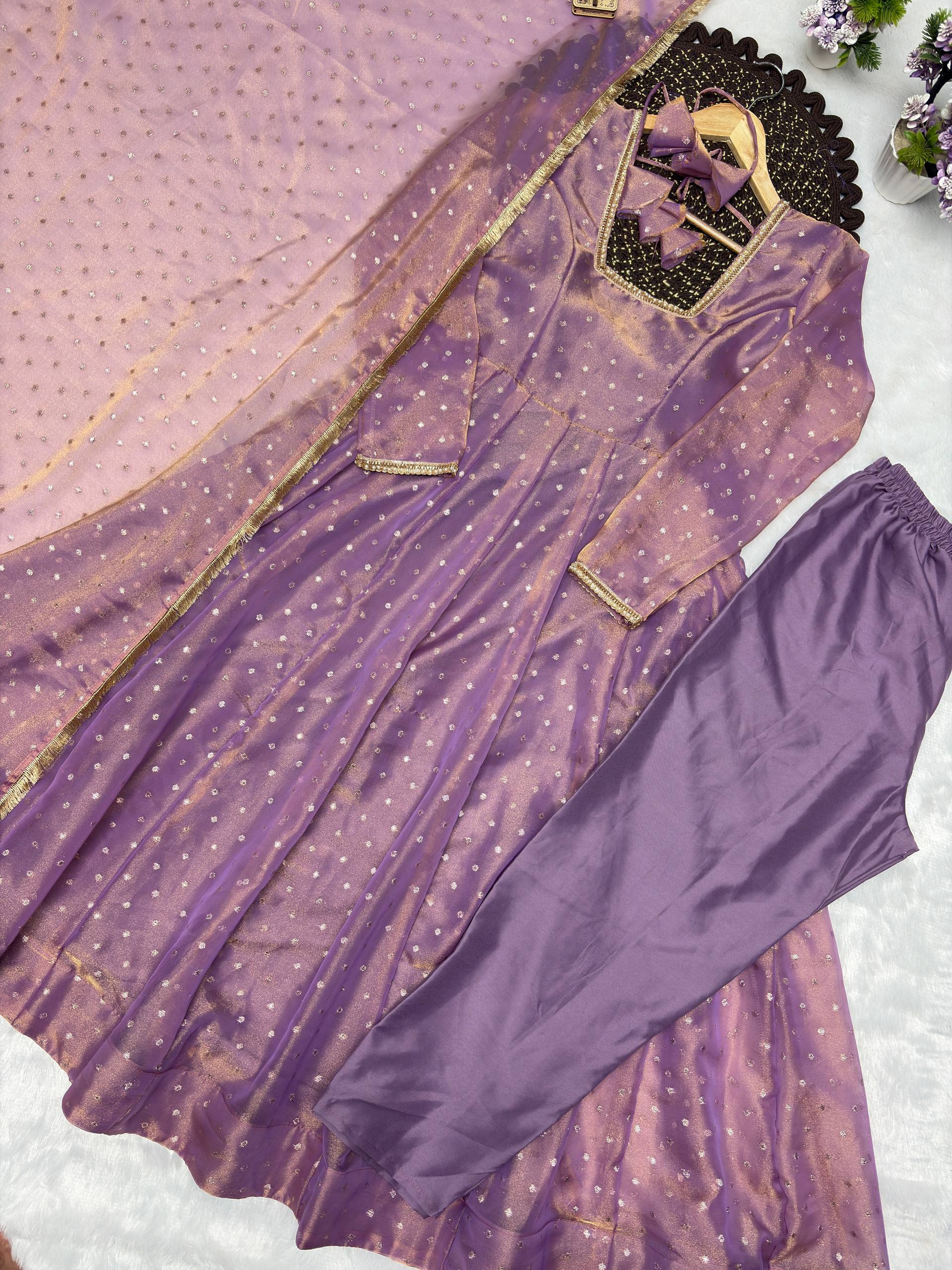 Lavender Soft NC Moss Butty Anarkali Suit Set with Pant & Dupatta