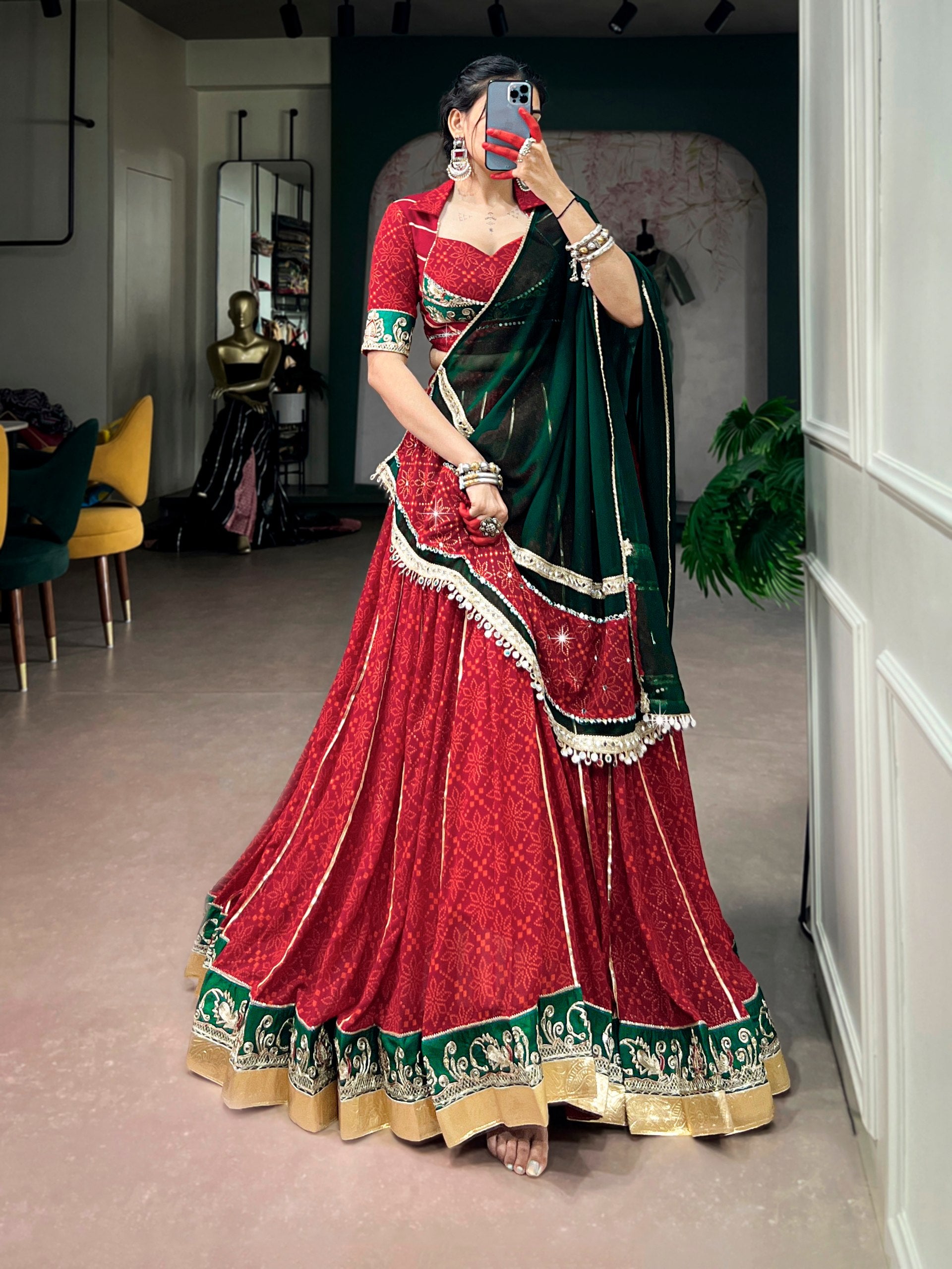 Maroon Bandhej Foil Print Navratri Lehenga Choli with Green Dupatta & Mirror Lace