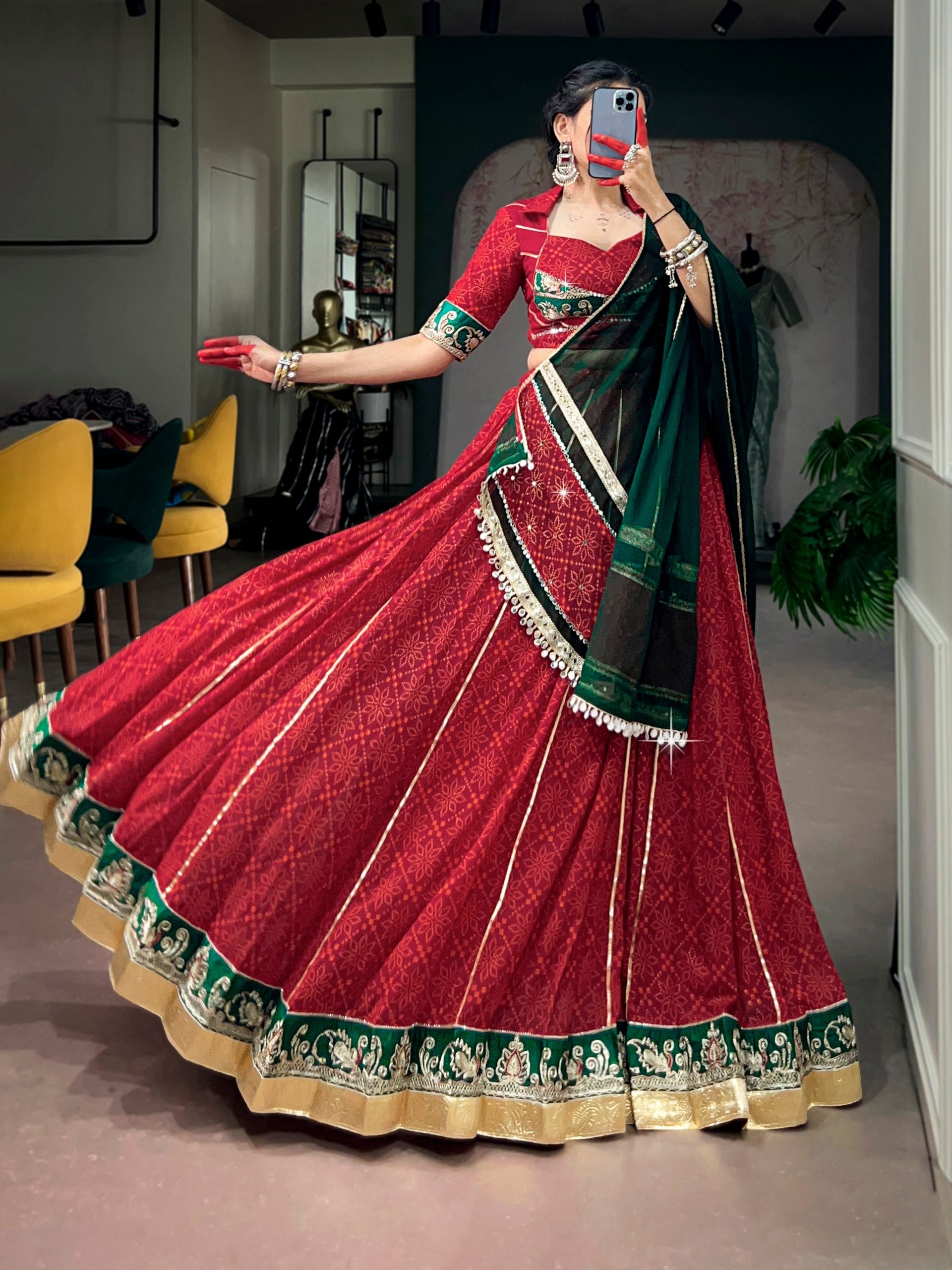 Maroon Bandhej Foil Print Navratri Lehenga Choli with Green Dupatta & Mirror Lace