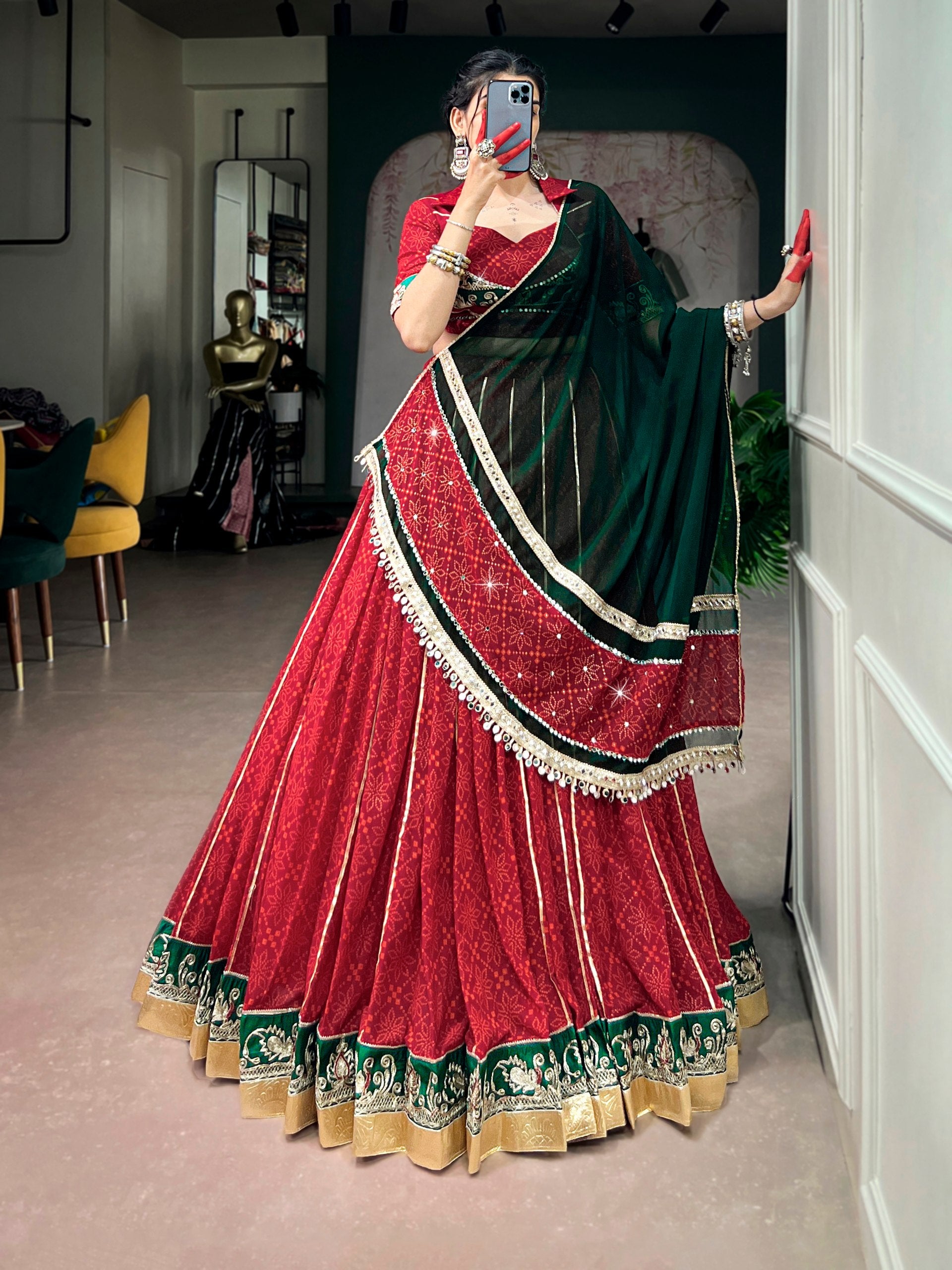 Maroon Bandhej Foil Print Navratri Lehenga Choli with Green Dupatta & Mirror Lace