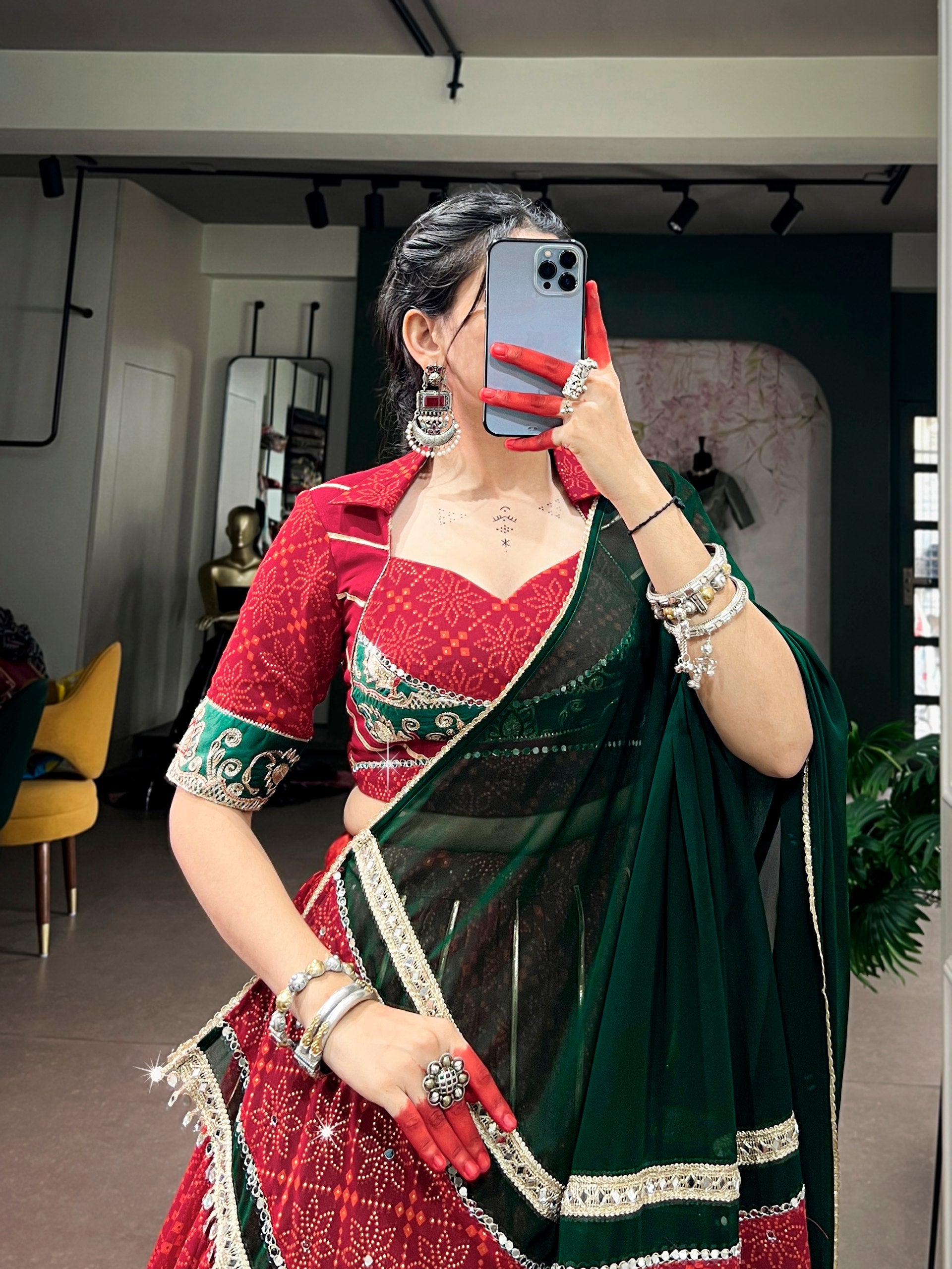 Maroon Bandhej Foil Print Navratri Lehenga Choli with Green Dupatta & Mirror Lace