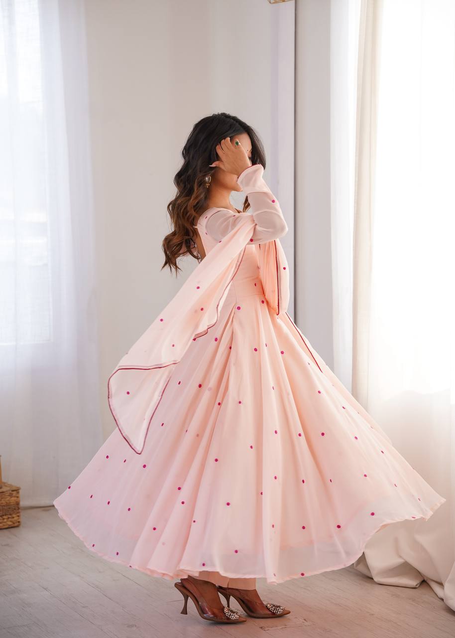 Blush Pink Embroidered Faux Georgette Anarkali Gown Set