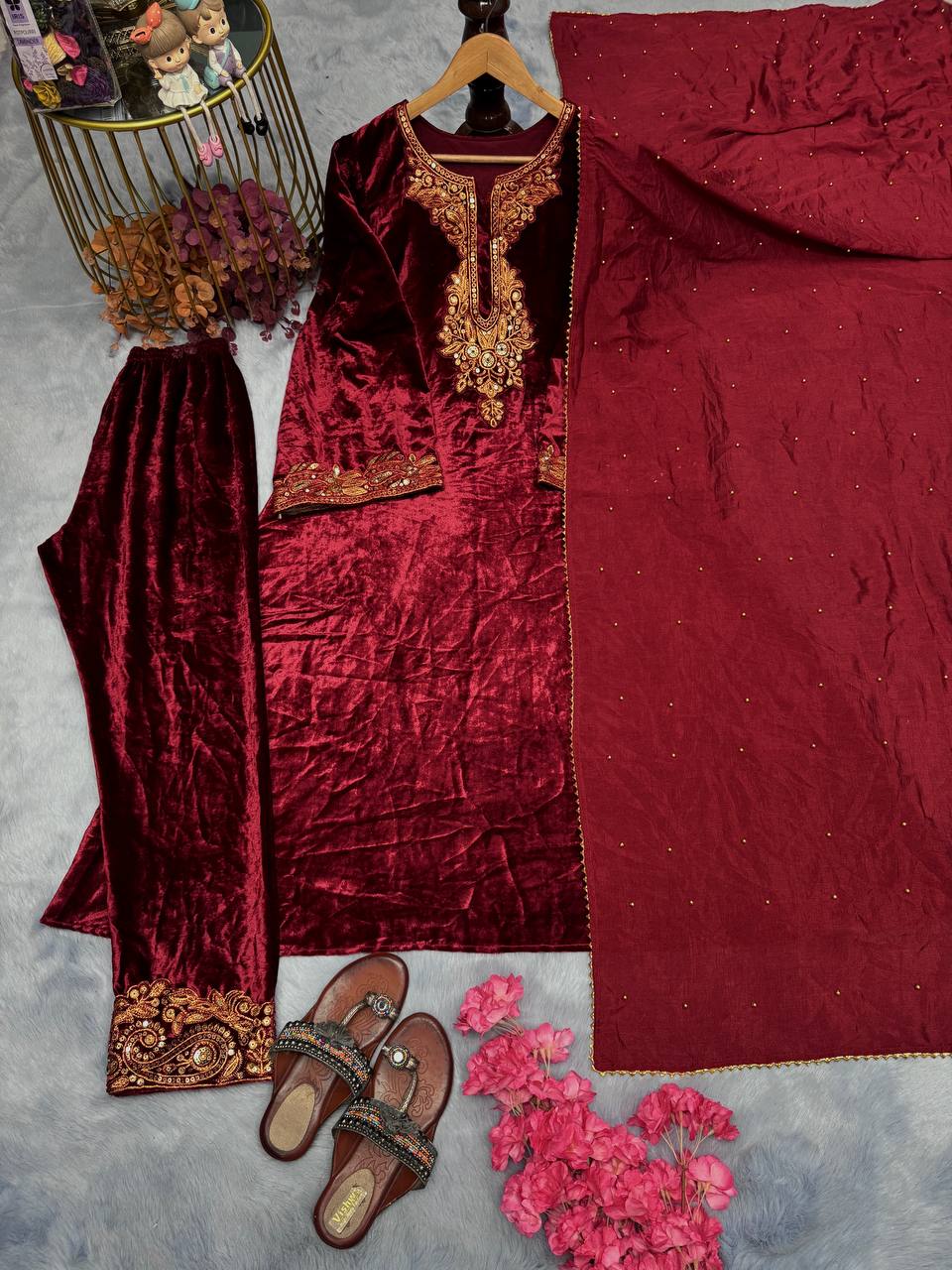 Maroon Velvet Partywear Suit