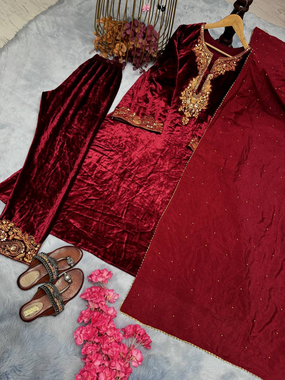 Maroon Velvet Partywear Suit