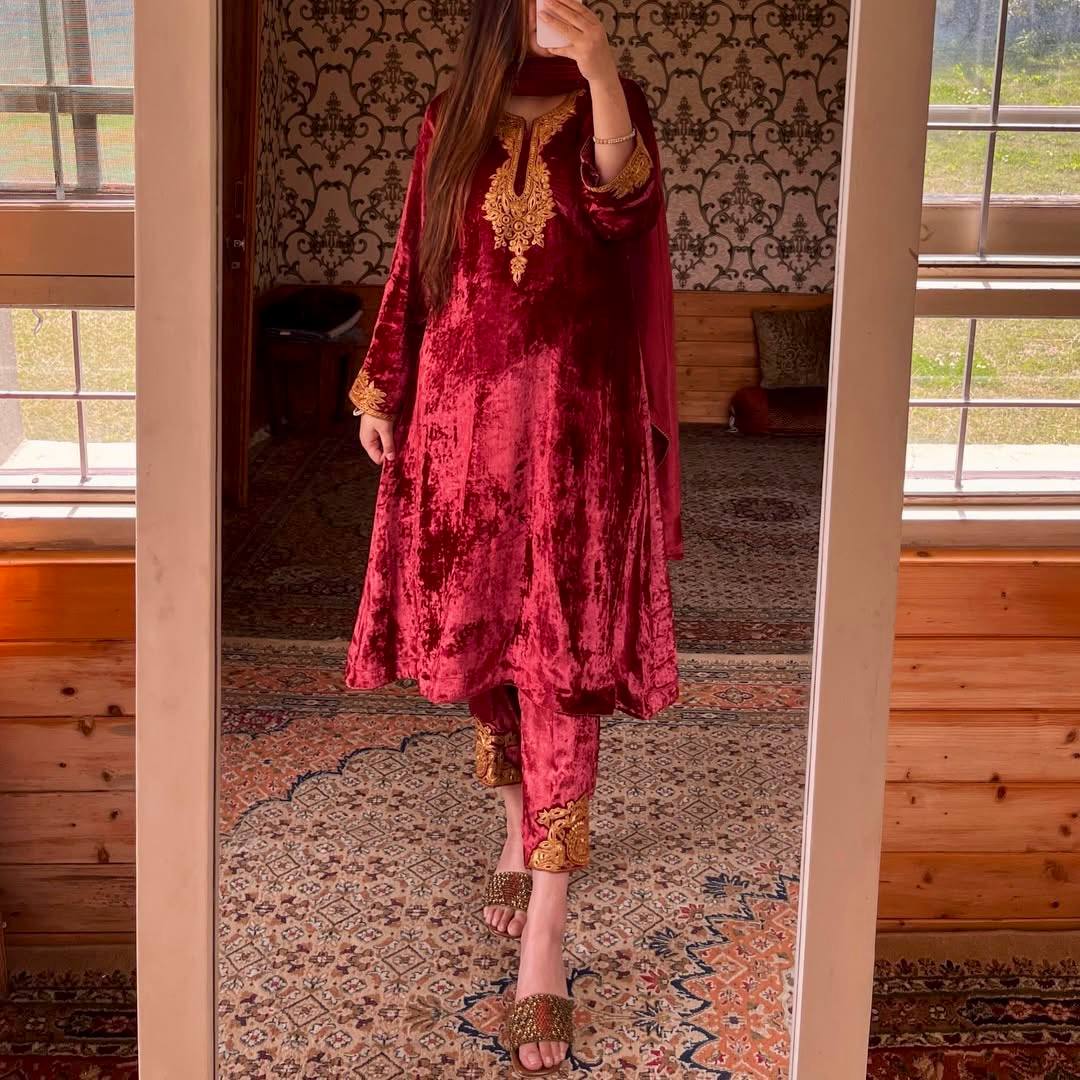 Maroon Velvet Partywear Suit