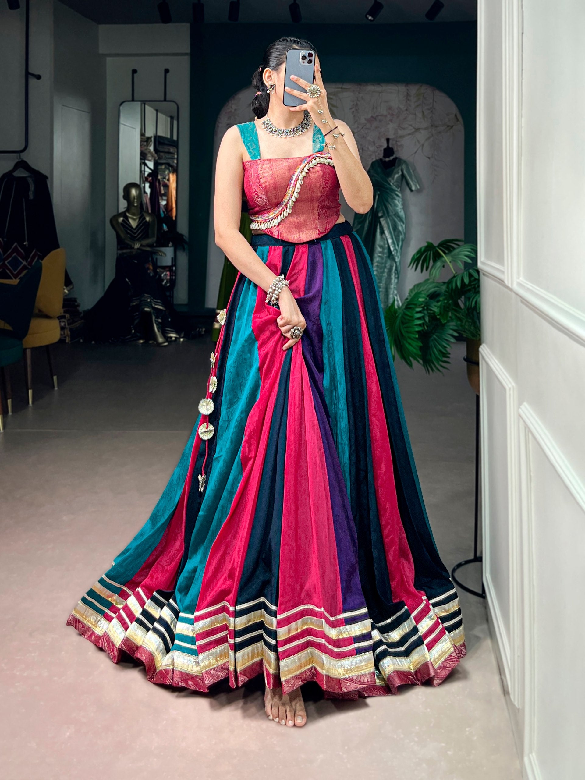 Multicolor Chinon Navratri Lehenga Choli with Zari Weaving Blouse & Tassel Detail