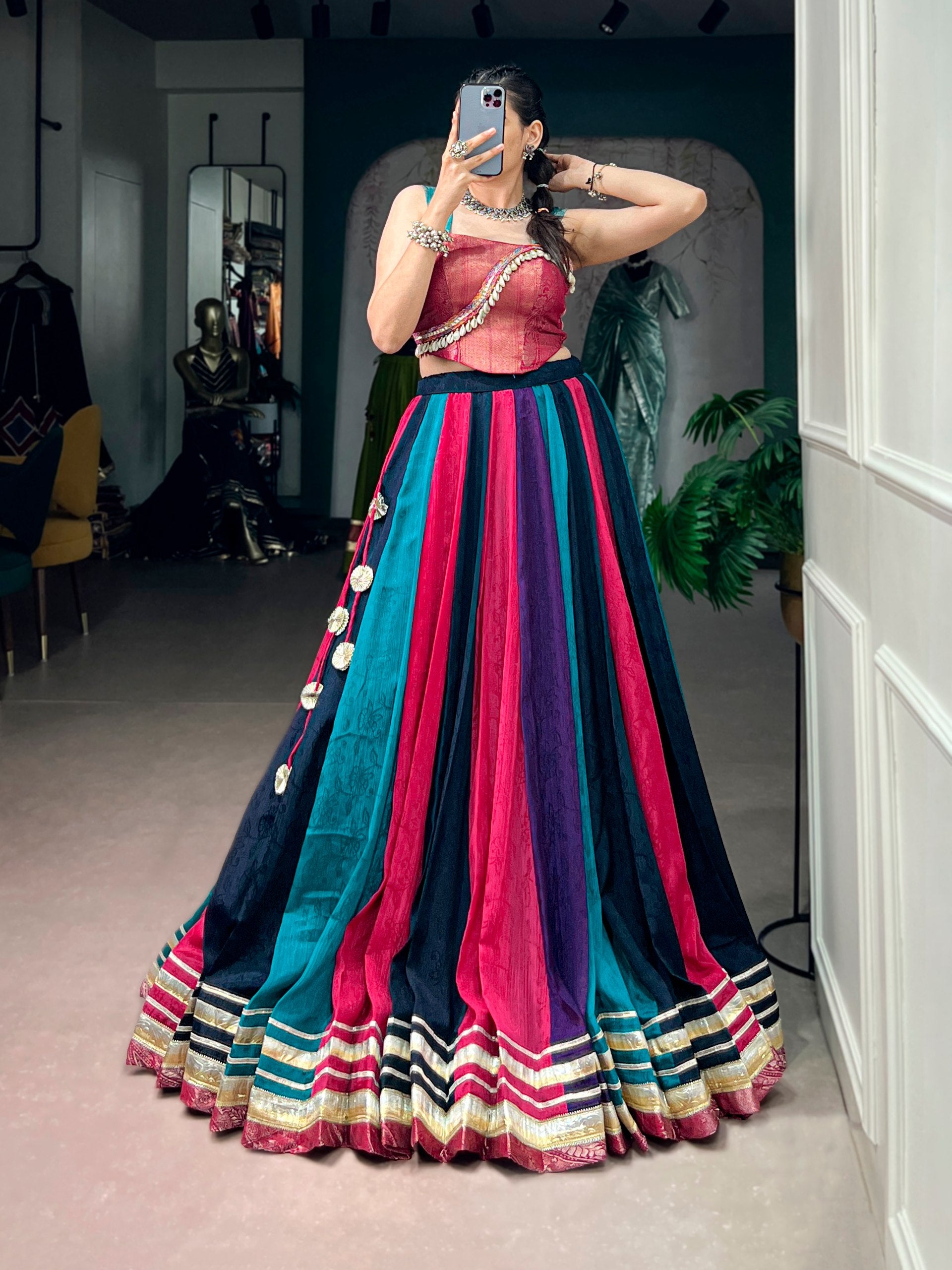 Multicolor Chinon Navratri Lehenga Choli with Zari Weaving Blouse & Tassel Detail
