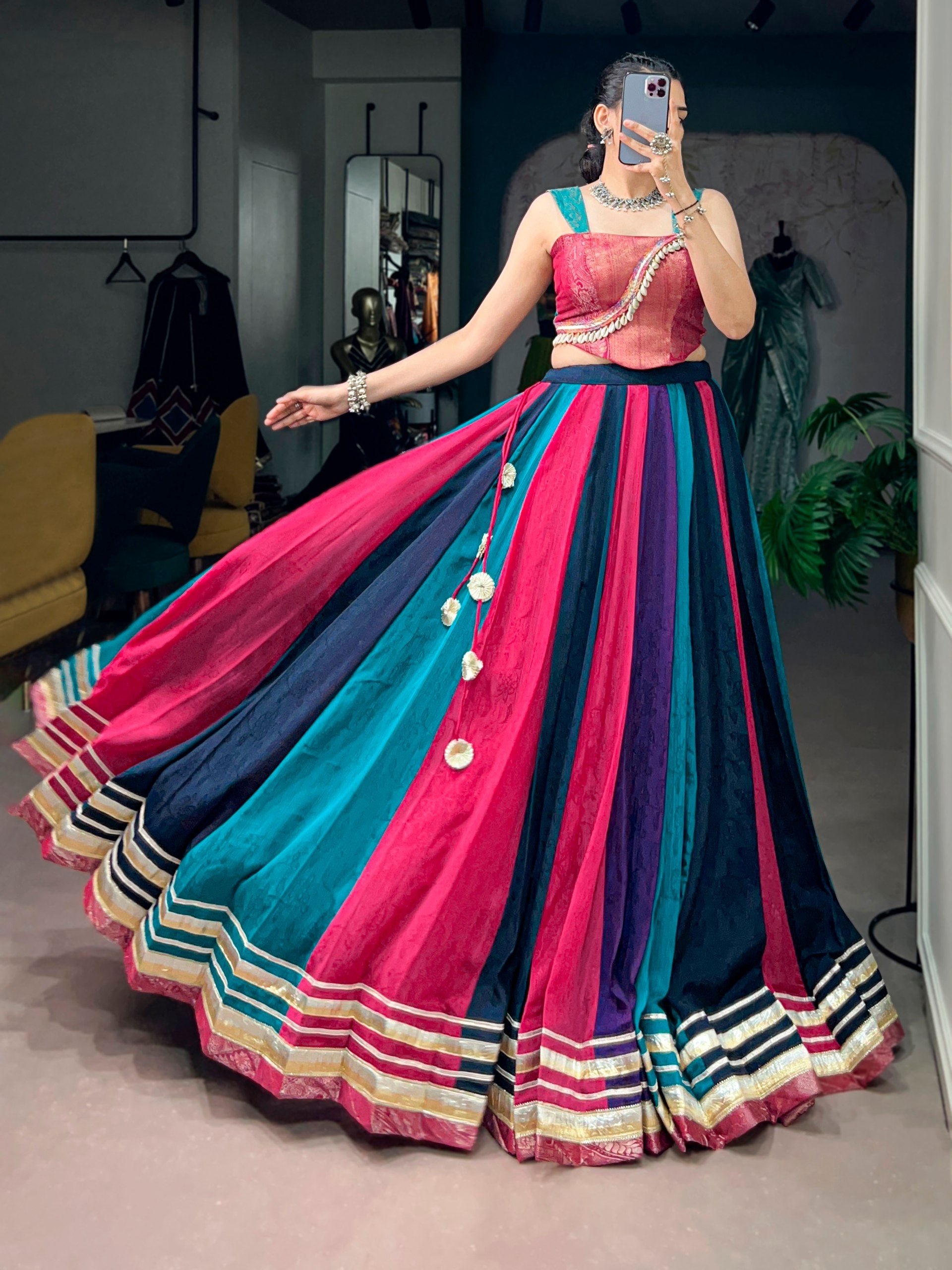 Multicolor Chinon Navratri Lehenga Choli with Zari Weaving Blouse & Tassel Detail