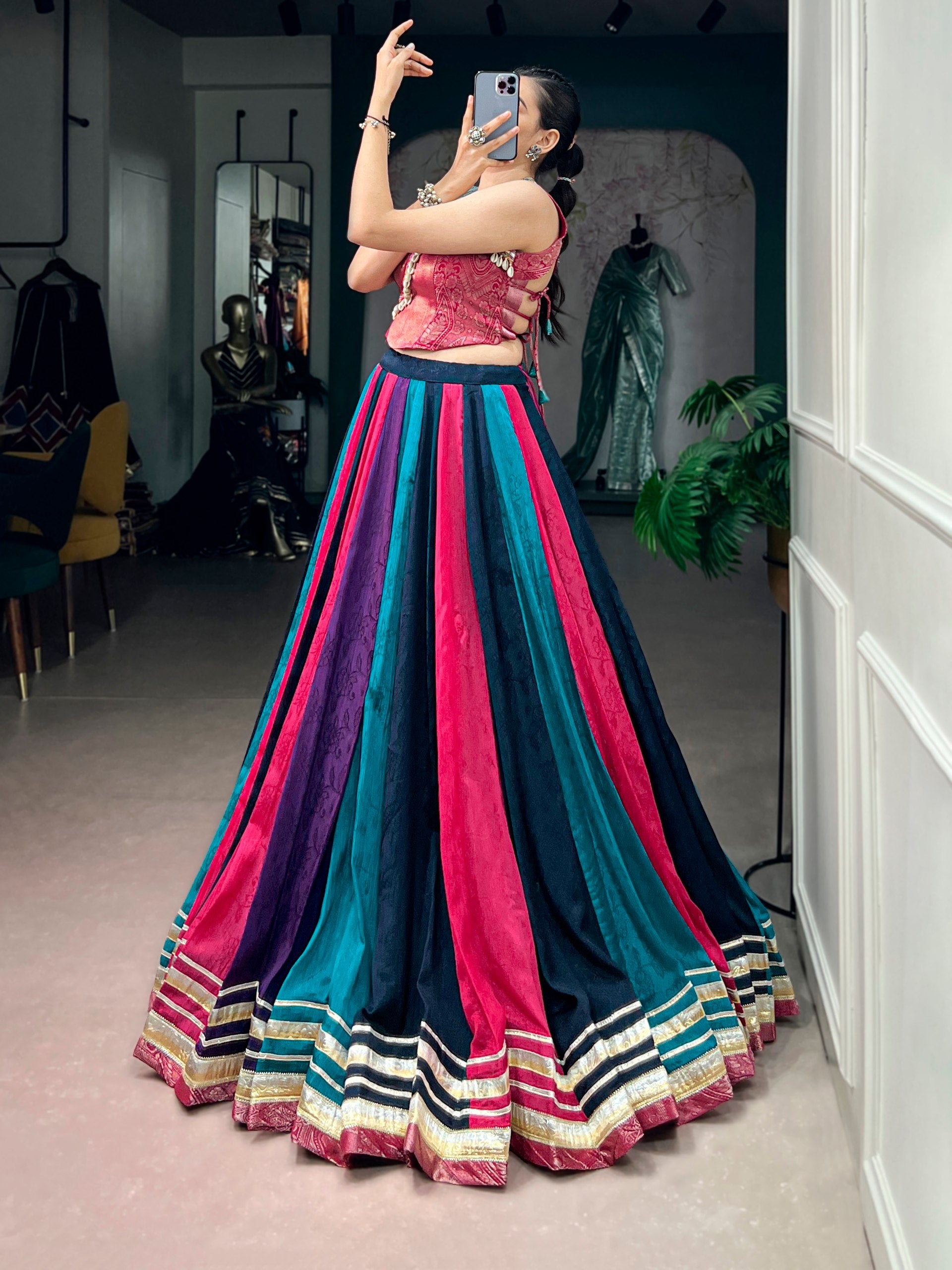 Multicolor Chinon Navratri Lehenga Choli with Zari Weaving Blouse & Tassel Detail