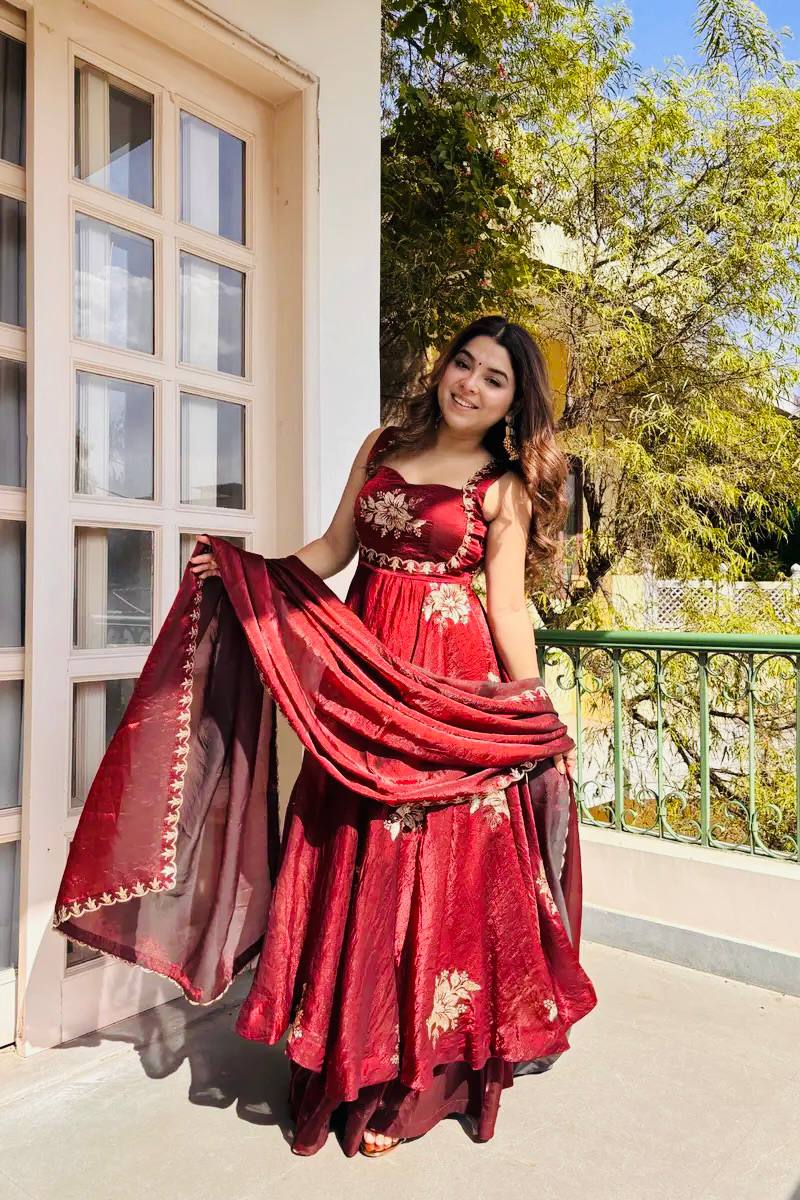 Buy Luxury Fendy Silk Embroidered Gown Sharara Set Online USA | Ready to Wear Indian Outfit