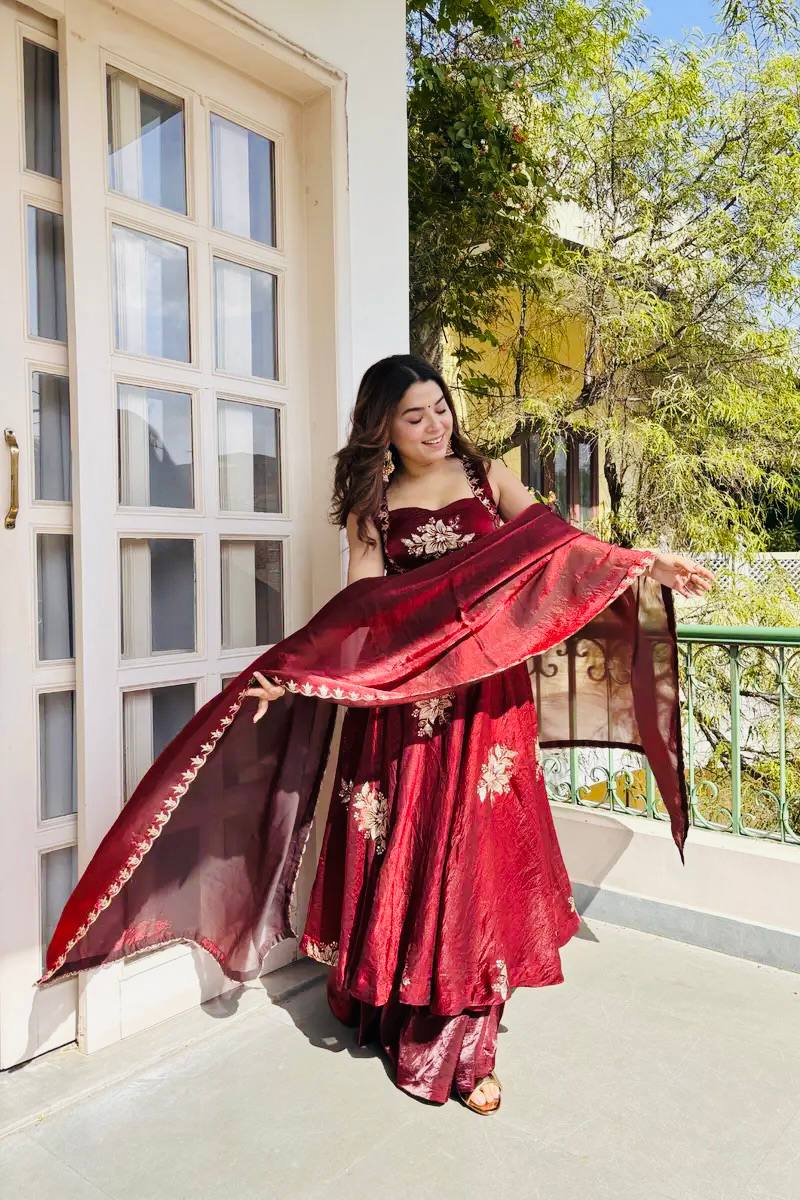Buy Luxury Fendy Silk Embroidered Gown Sharara Set Online USA | Ready to Wear Indian Outfit