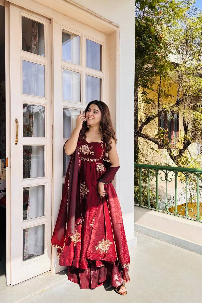 Buy Luxury Fendy Silk Embroidered Gown Sharara Set Online USA | Ready to Wear Indian Outfit