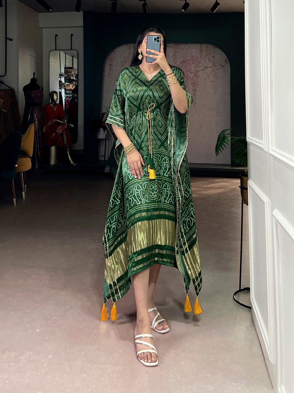 Green Bandhani Pure Gajji Silk Kaftan | Nardev Fashion