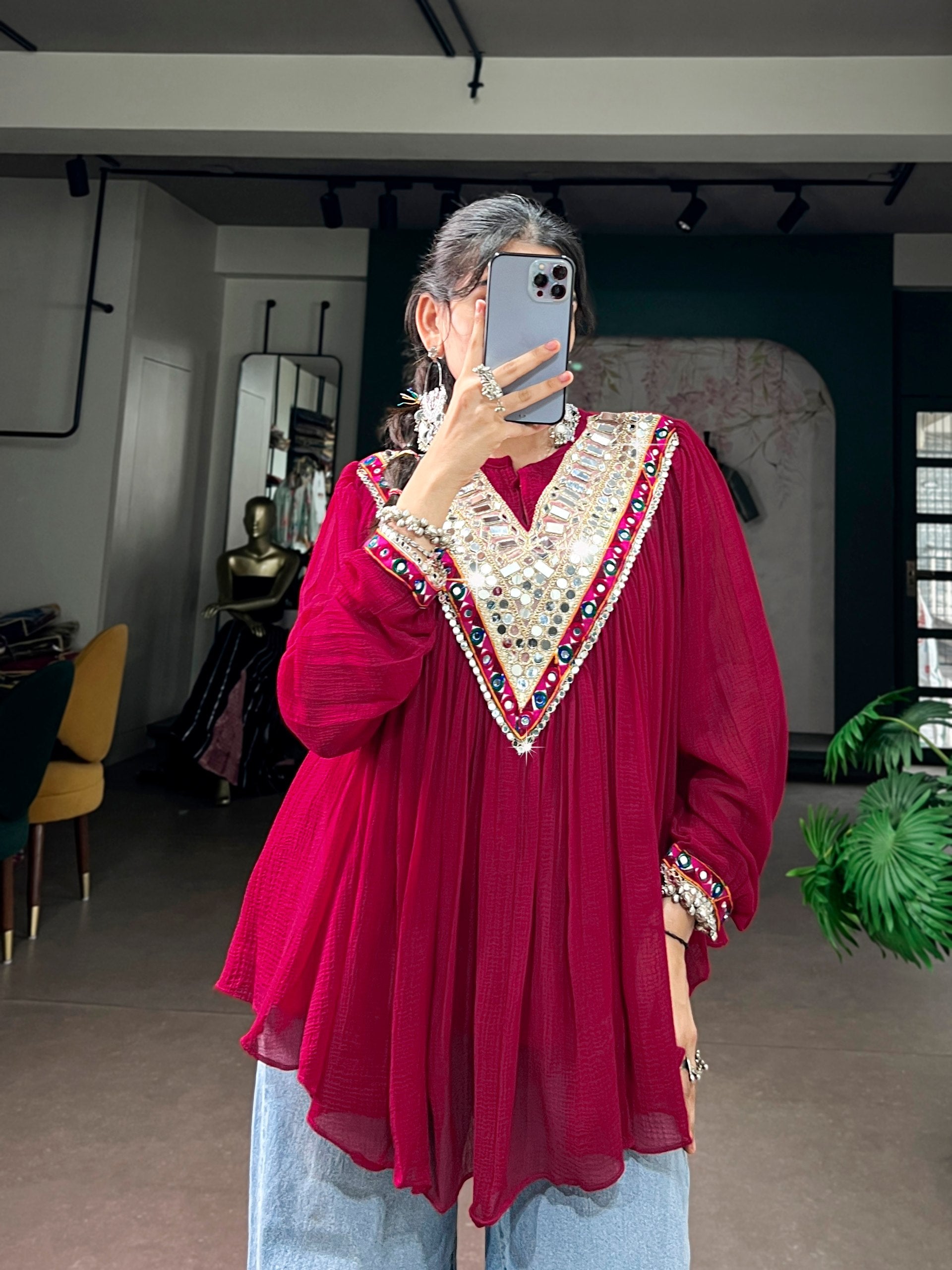 Wine Red Garba Glam Cape Top with Mirror & Gamthi Work