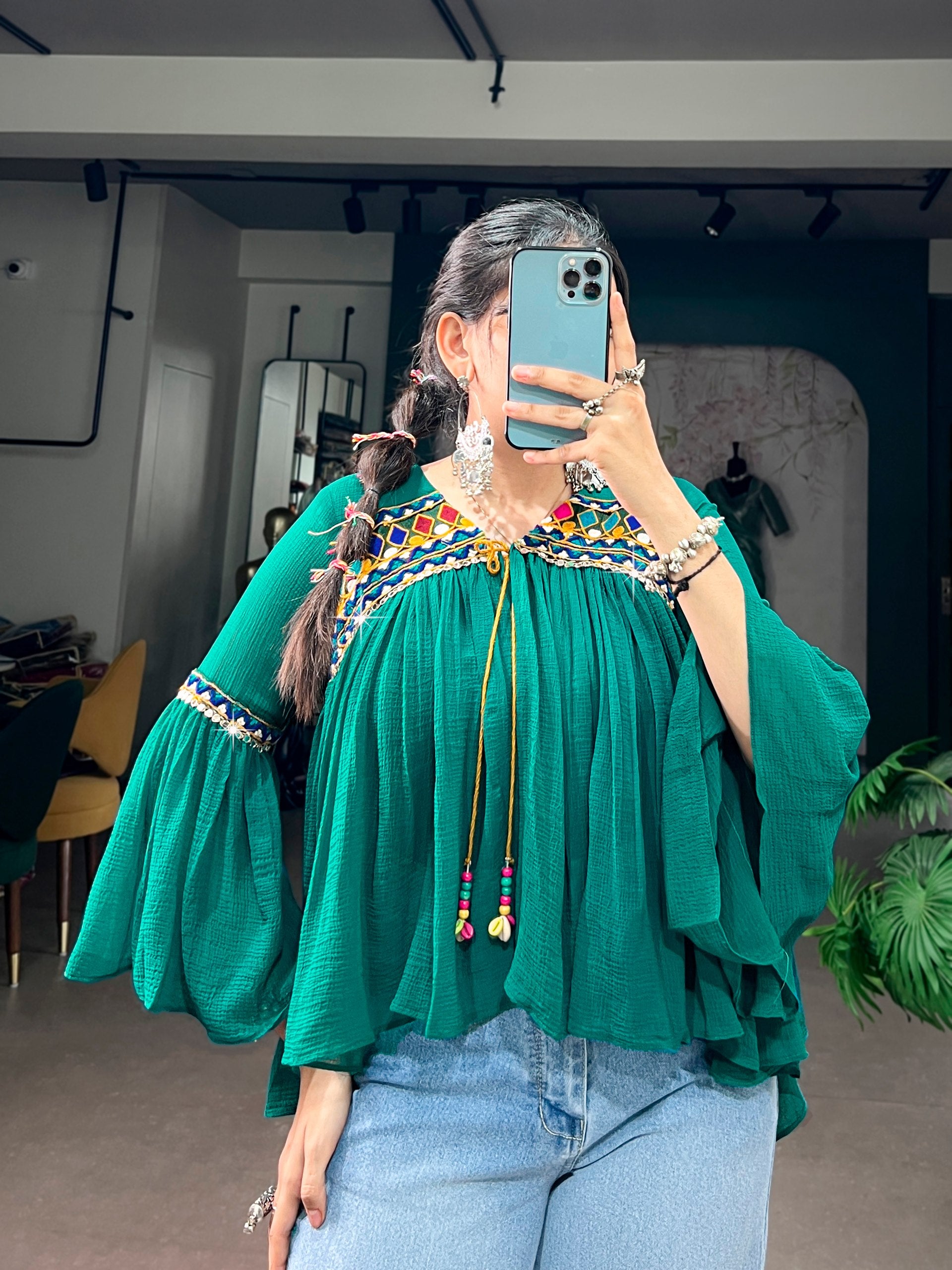 Emerald Green Garba Glam Cape Top with Mirror & Gamthi Work