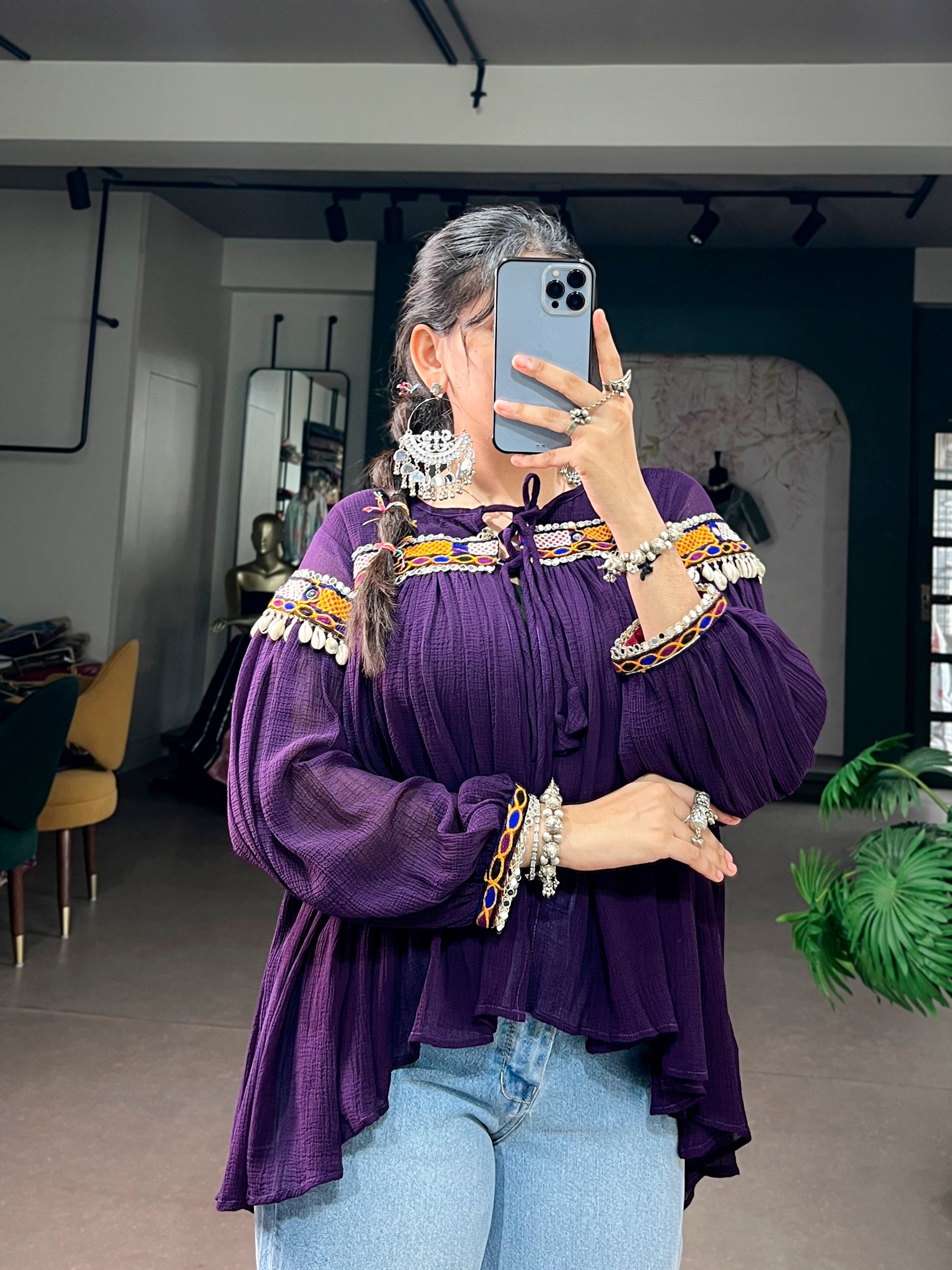 Deep Purple Garba Glam Cape Top with Gamthi Lace & Cowrie Shell Work