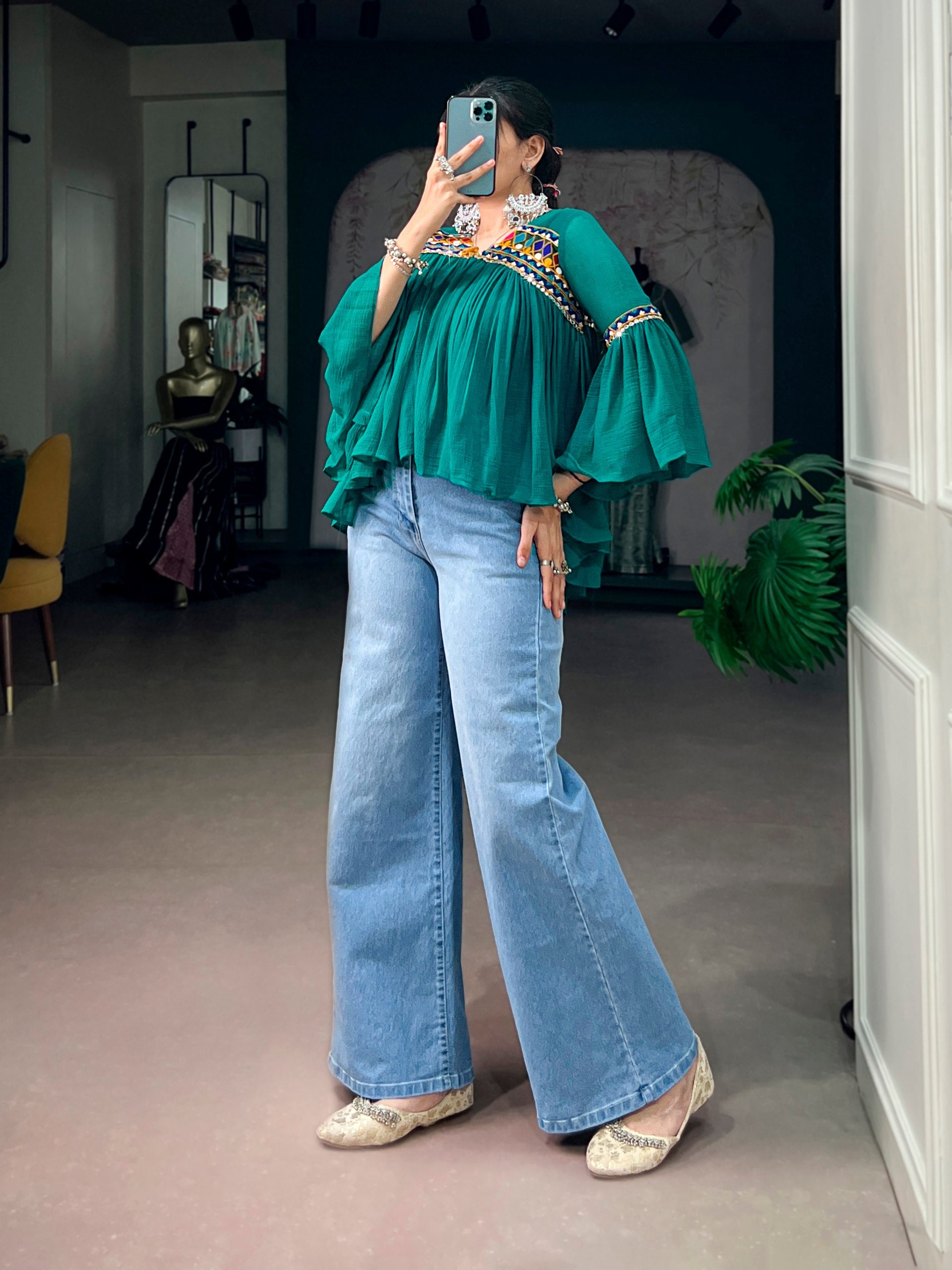 Emerald Green Garba Glam Cape Top with Mirror & Gamthi Work