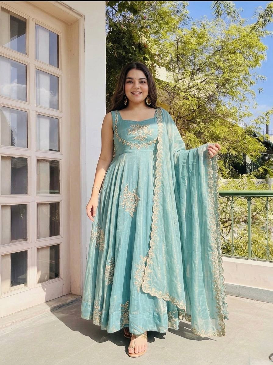 Buy Sky Color Luxury Gown Sharara Set Online USA | Ready to Wear Indian Outfit