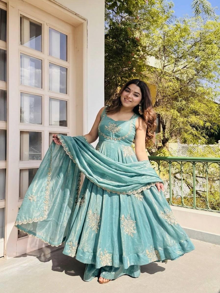 Buy Sky Color Luxury Gown Sharara Set Online USA | Ready to Wear Indian Outfit