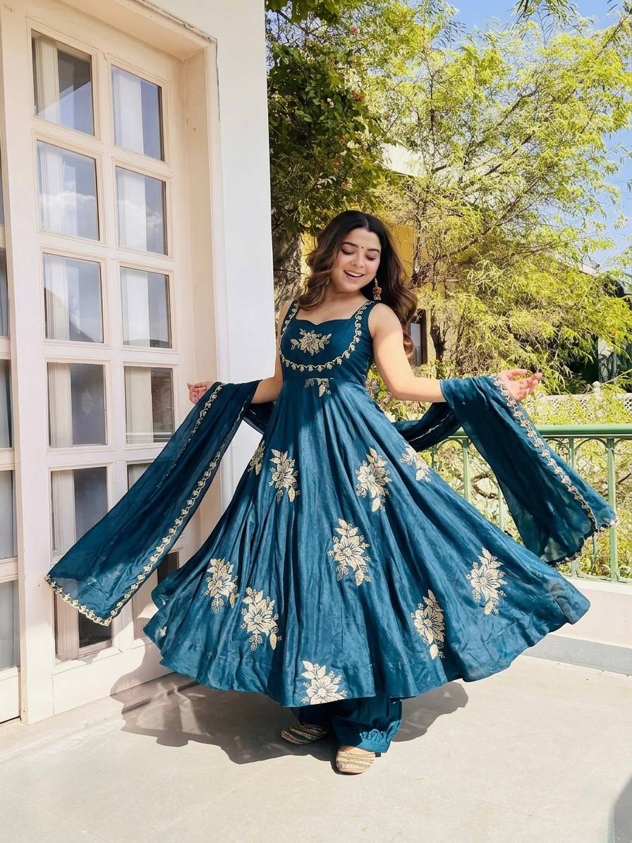 Buy Teal Color Luxury Gown Sharara Set Online USA | Ready to Wear Indian Outfit