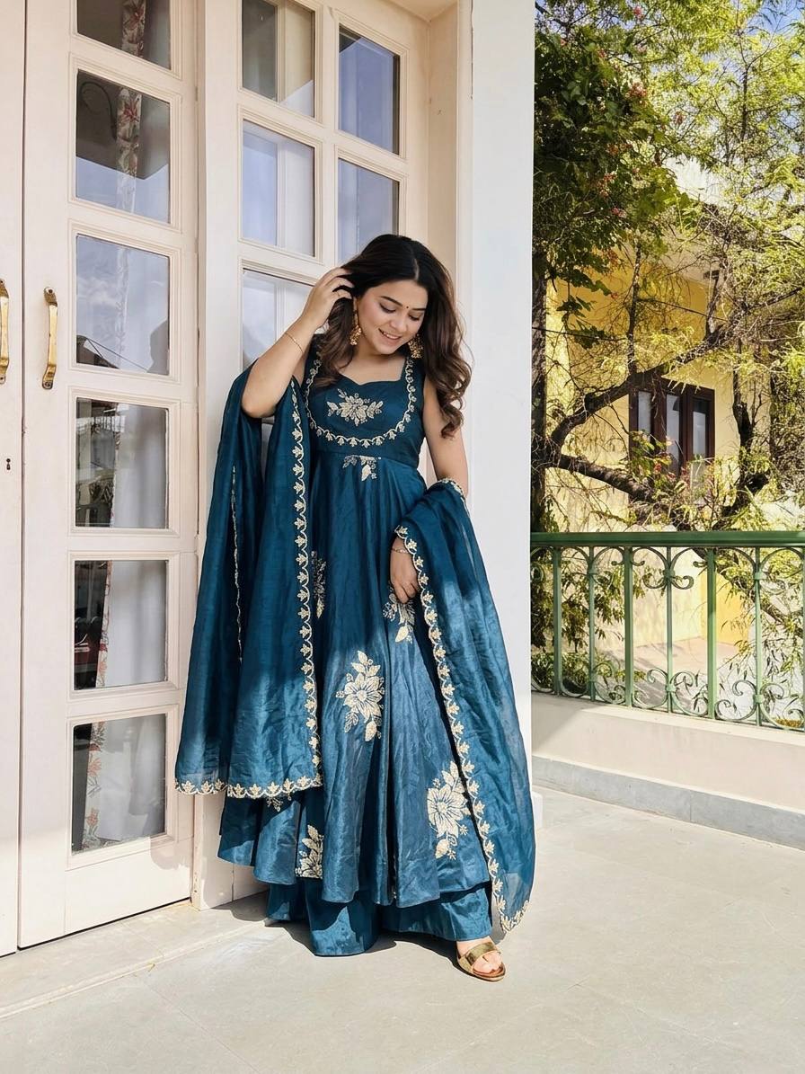 Buy Teal Color Luxury Gown Sharara Set Online USA | Ready to Wear Indian Outfit