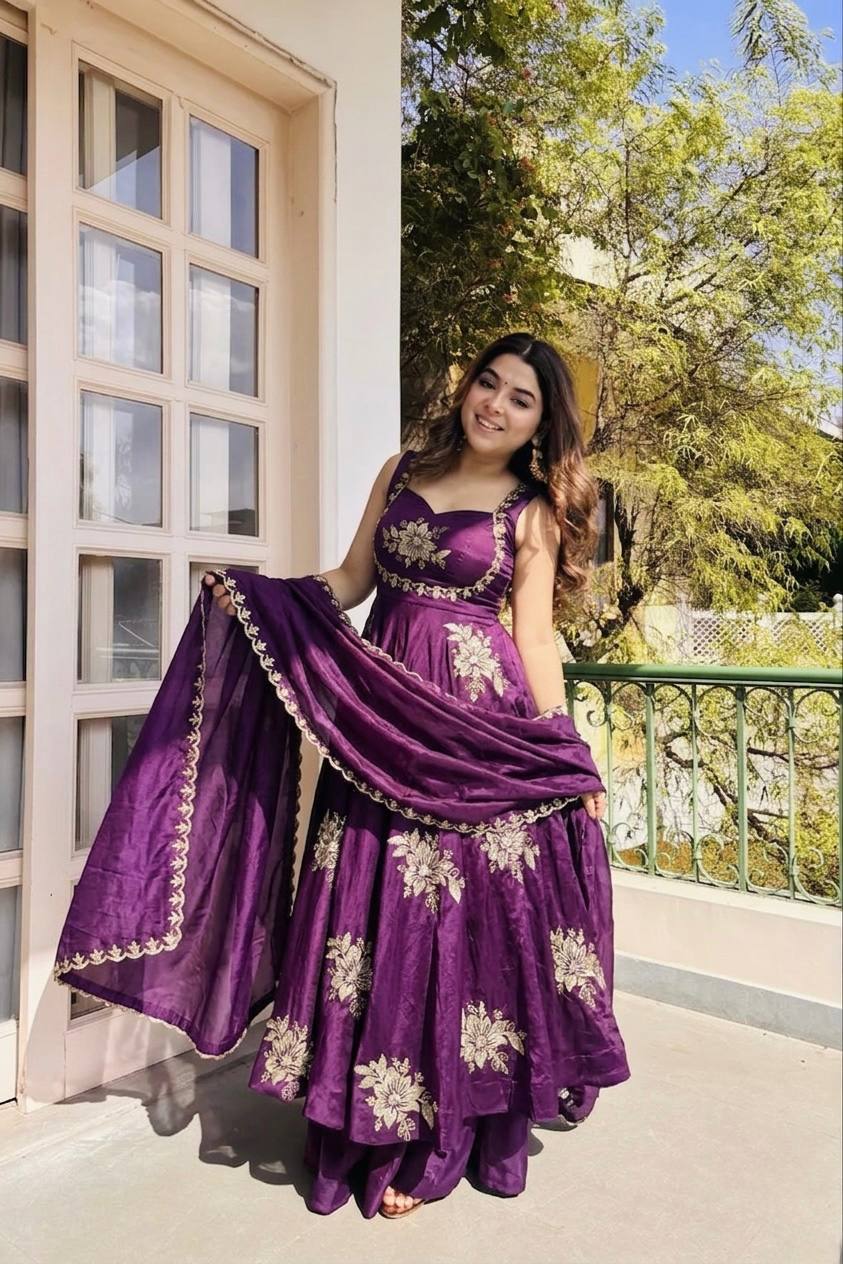 Buy Purple Color Luxury Gown Sharara Set Online USA | Ready to Wear Indian Outfit