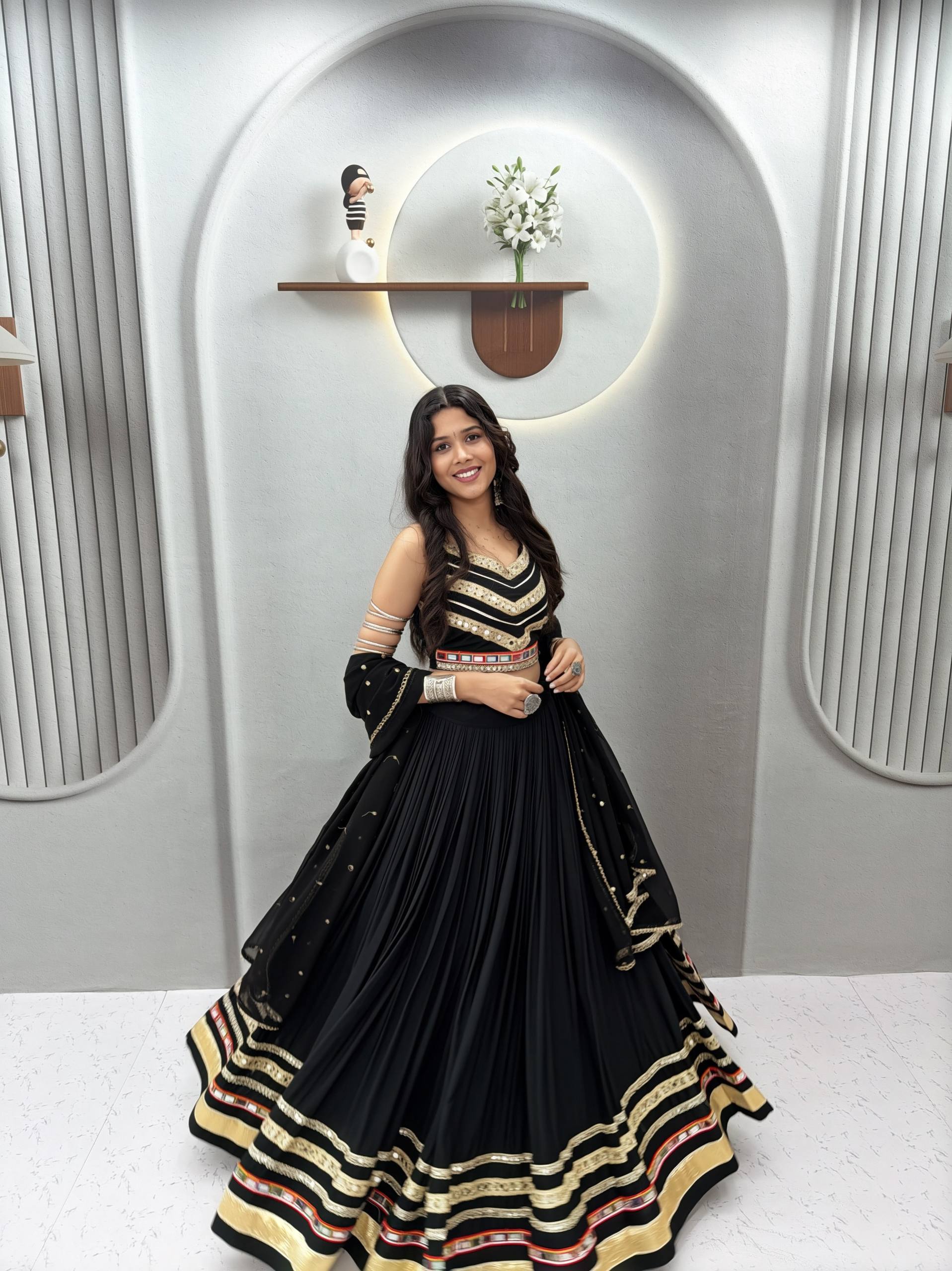 Classic Black Gamthi Work Cotton Lehenga Choli with Vintage Dupatta