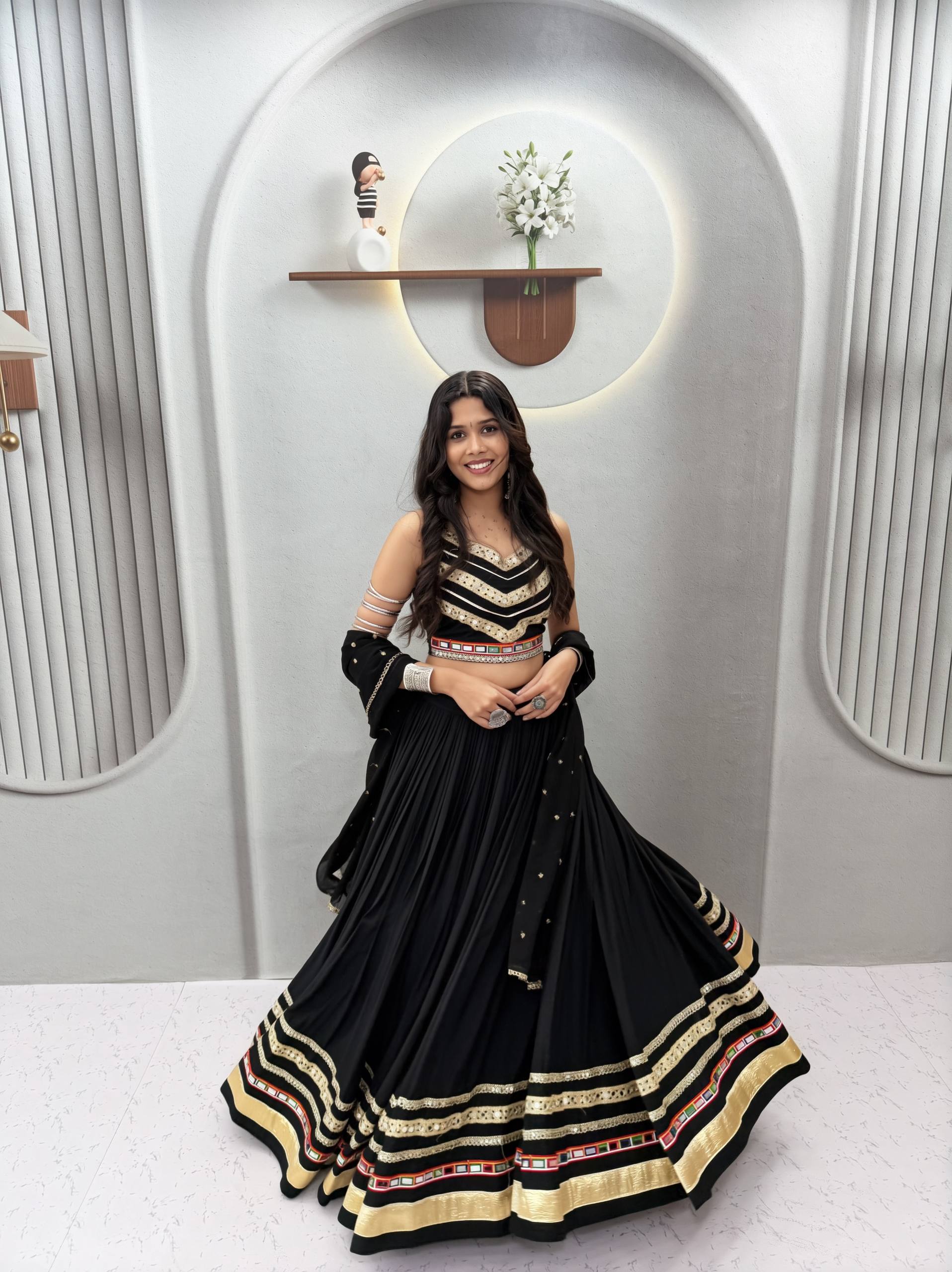 Classic Black Gamthi Work Cotton Lehenga Choli with Vintage Dupatta