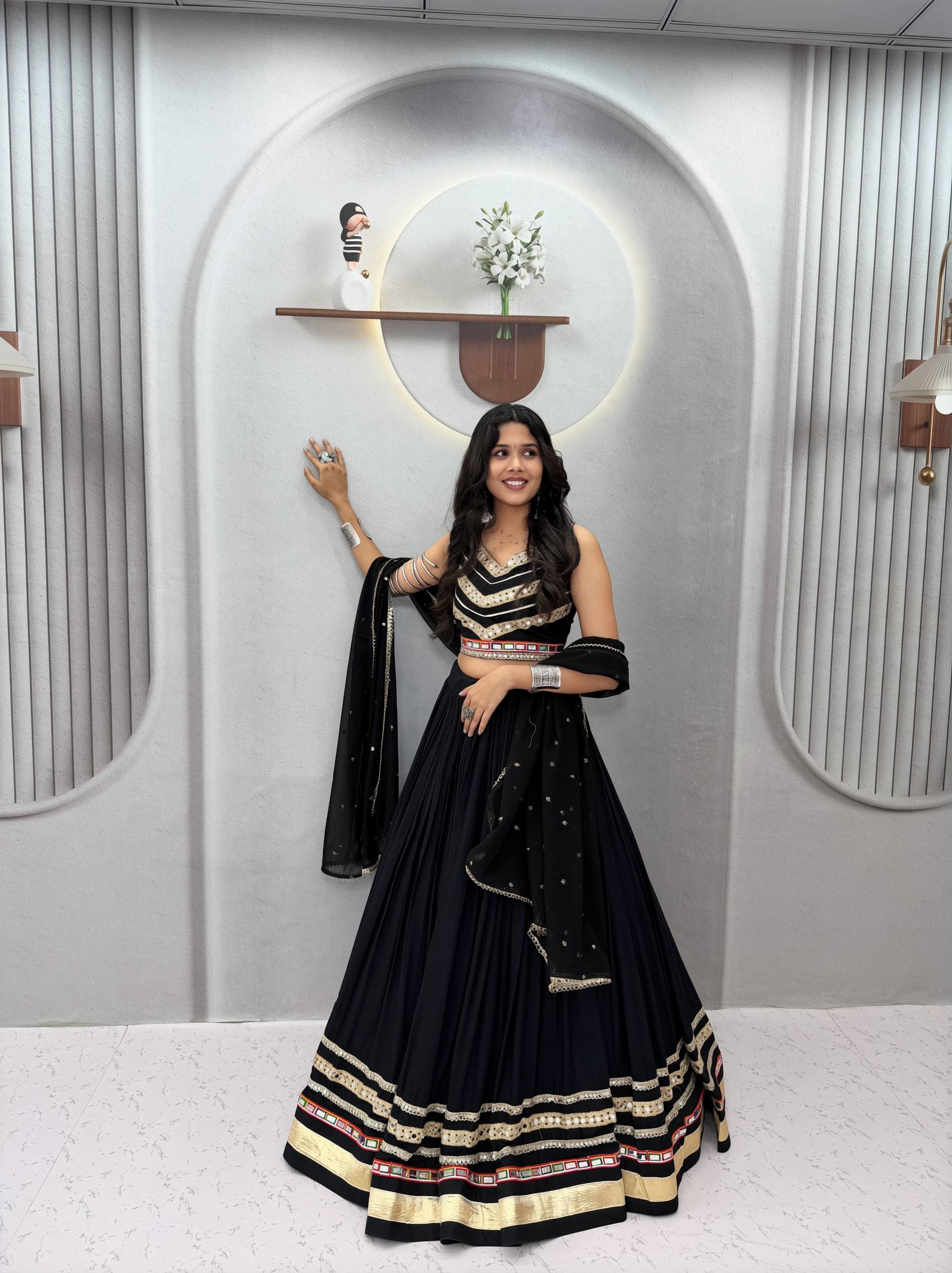 Classic Black Gamthi Work Cotton Lehenga Choli with Vintage Dupatta
