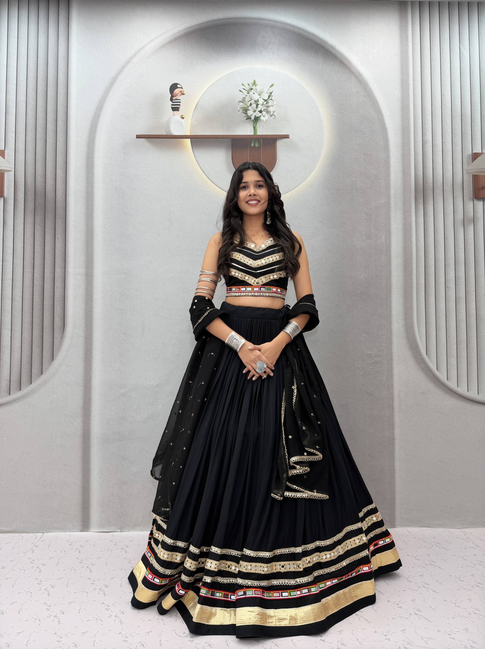 Classic Black Gamthi Work Cotton Lehenga Choli with Vintage Dupatta