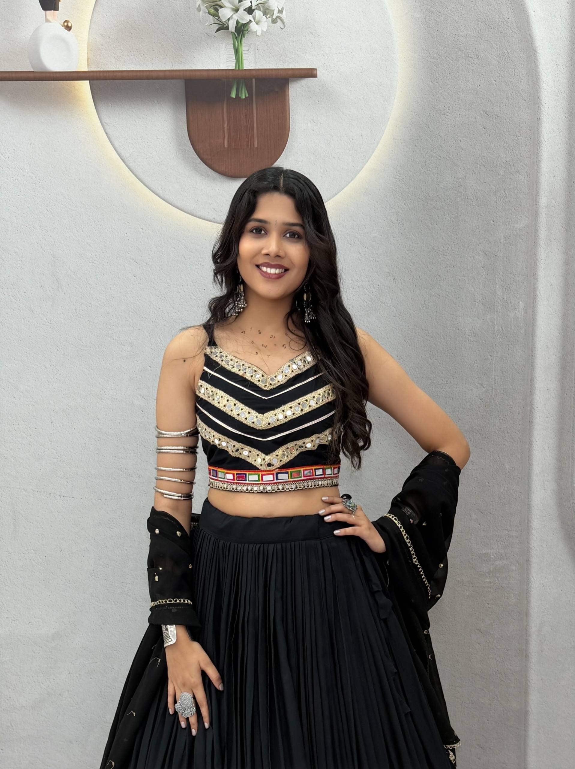 Classic Black Gamthi Work Cotton Lehenga Choli with Vintage Dupatta