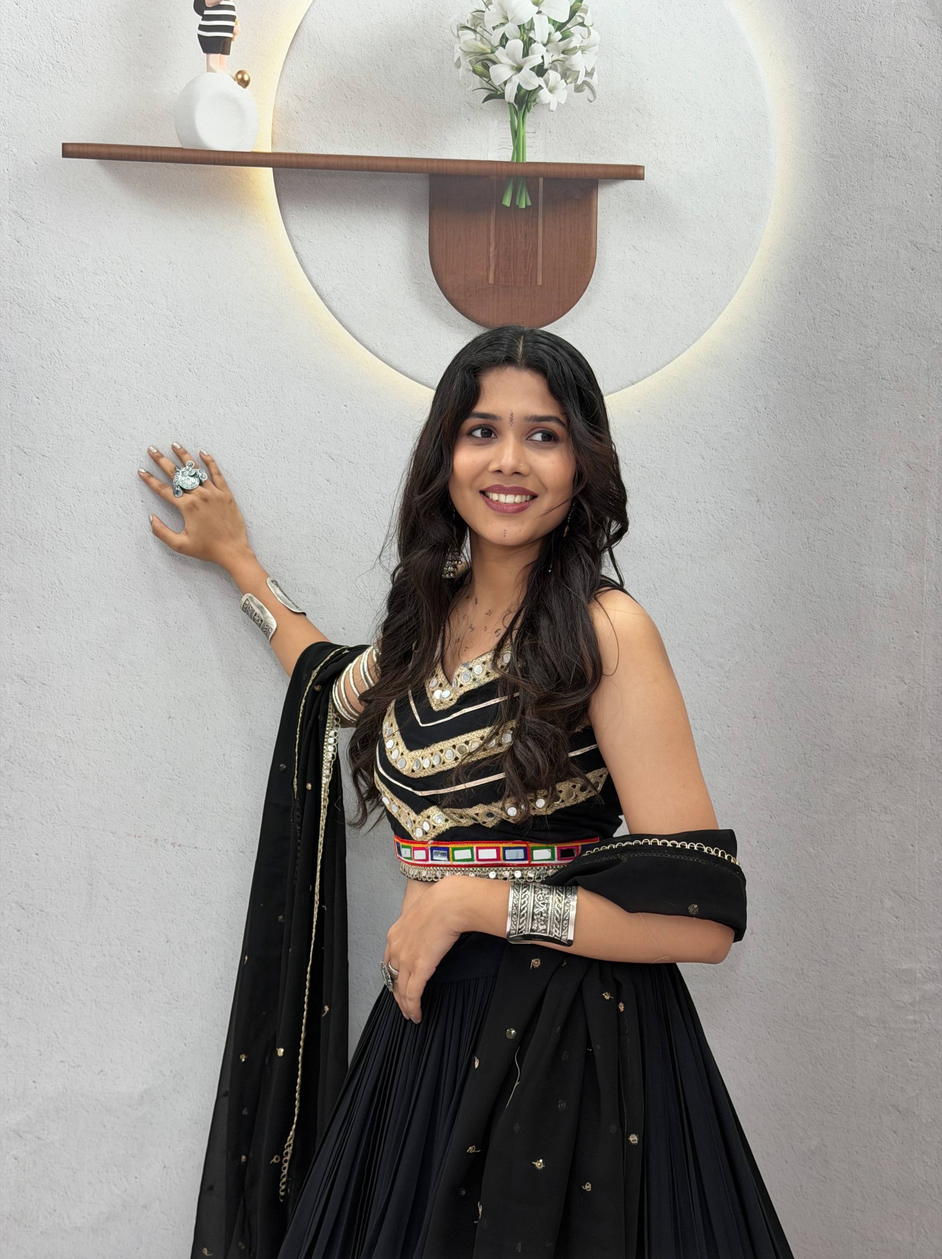 Classic Black Gamthi Work Cotton Lehenga Choli with Vintage Dupatta