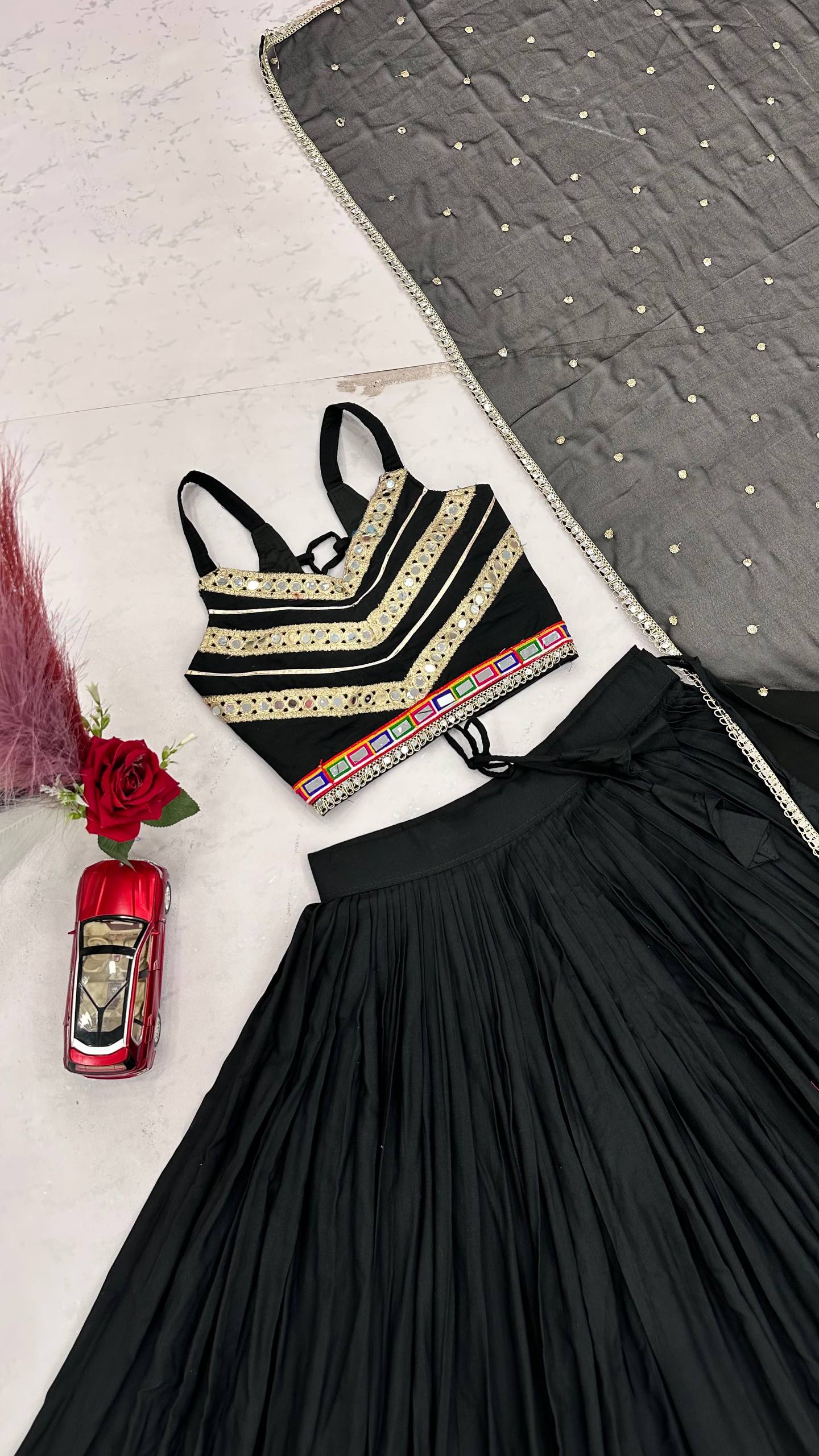 Classic Black Gamthi Work Cotton Lehenga Choli with Vintage Dupatta