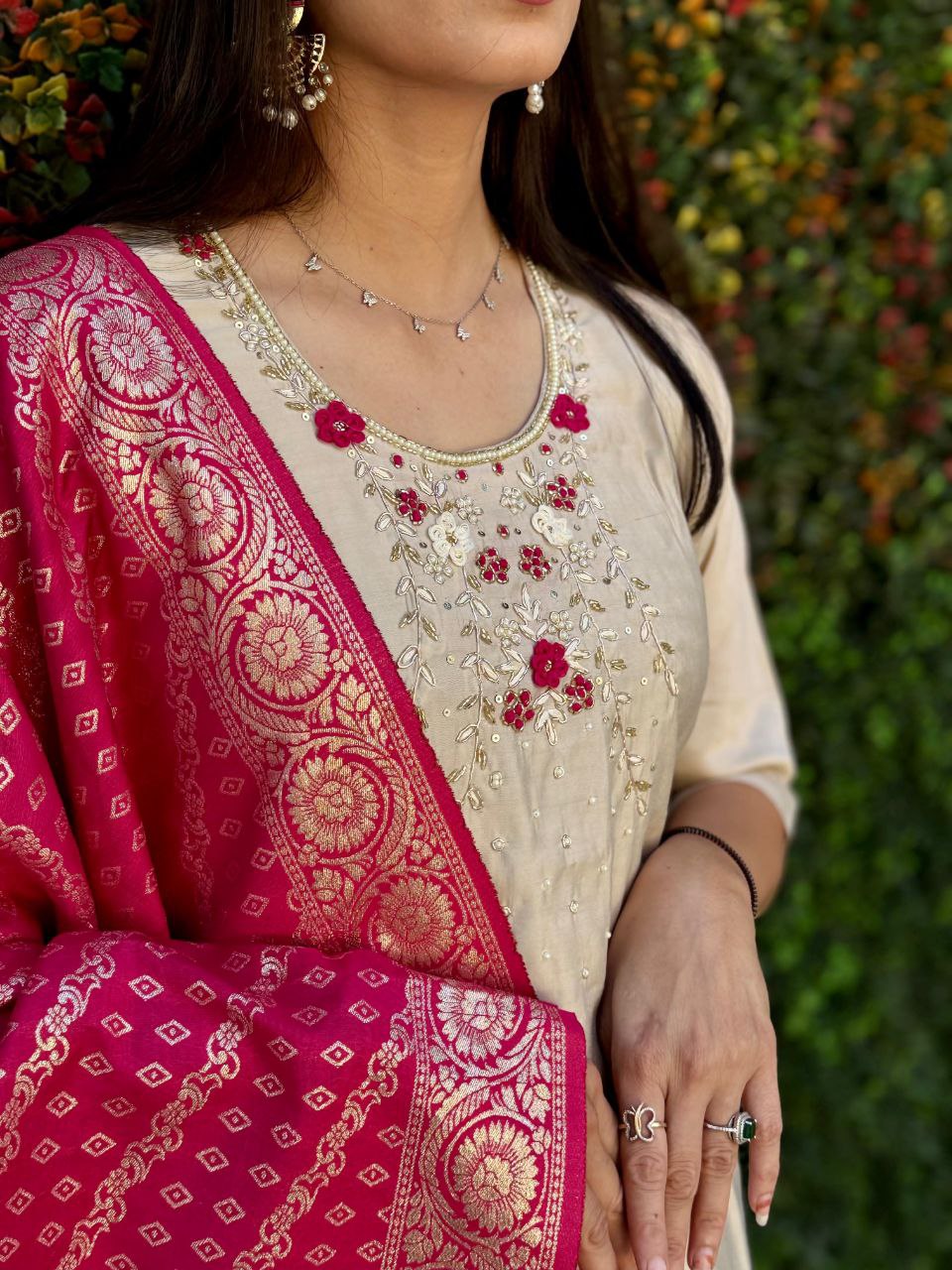 Lyra Cream Kurti with Pink Dupatta