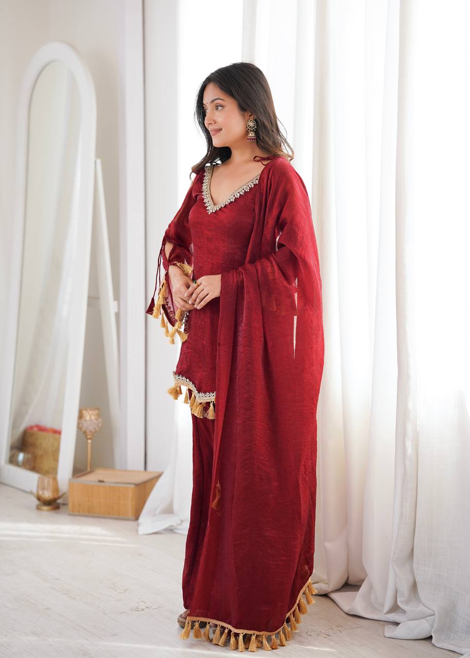 Wine Maroon Doremon Crush Kurta Palazzo Set with Tassel Dupatta