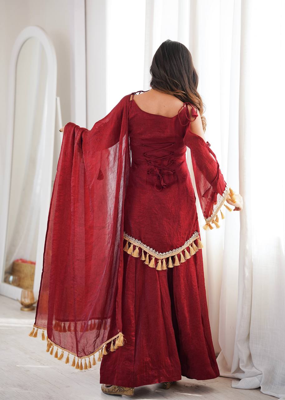 Wine Maroon Doremon Crush Kurta Palazzo Set with Tassel Dupatta
