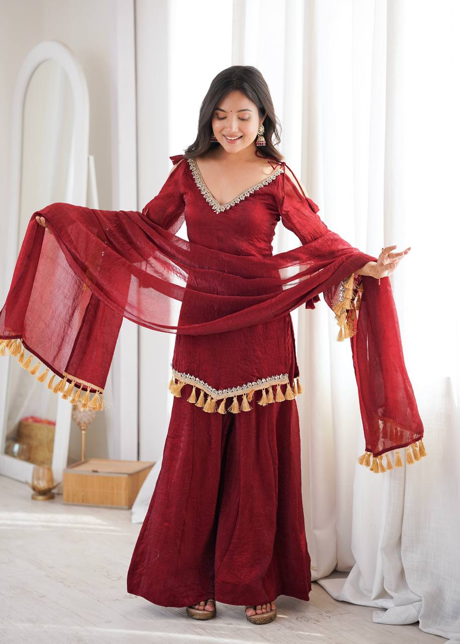 Wine Maroon Doremon Crush Kurta Palazzo Set with Tassel Dupatta