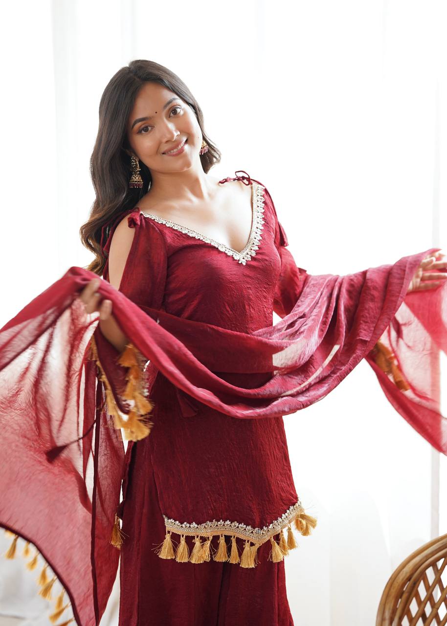 Wine Maroon Doremon Crush Kurta Palazzo Set with Tassel Dupatta