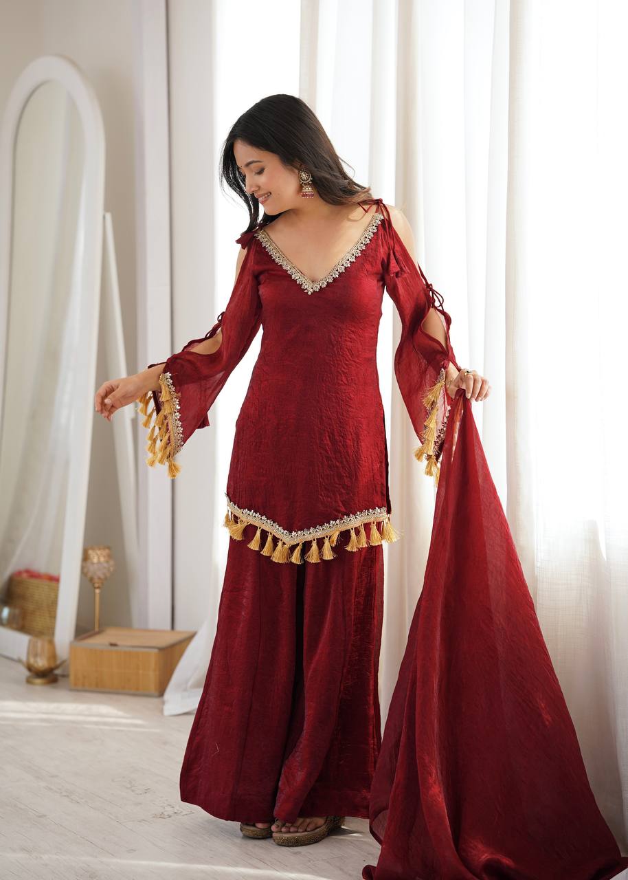 Wine Maroon Doremon Crush Kurta Palazzo Set with Tassel Dupatta