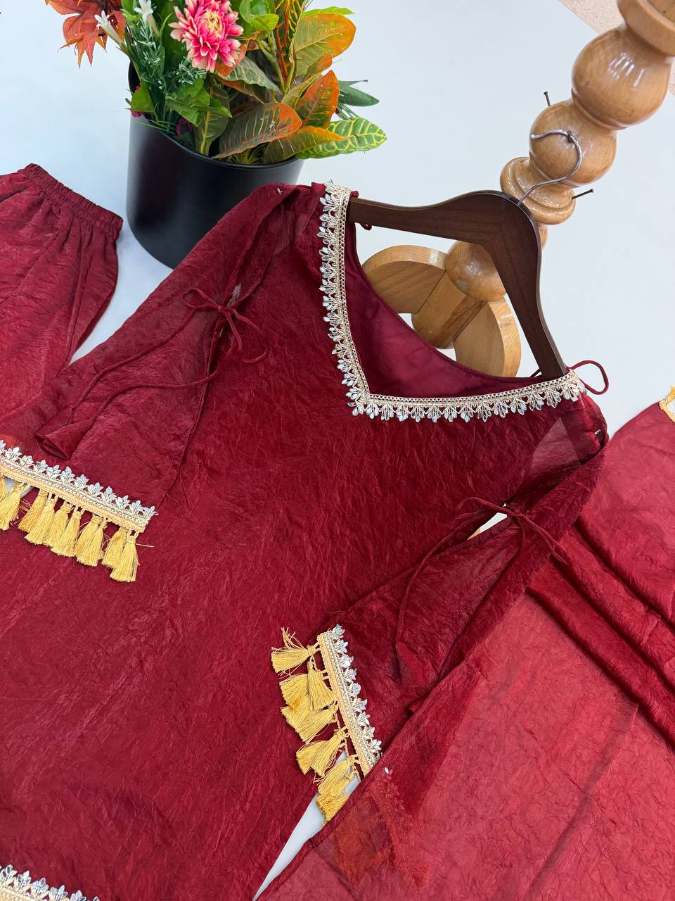 Wine Maroon Doremon Crush Kurta Palazzo Set with Tassel Dupatta