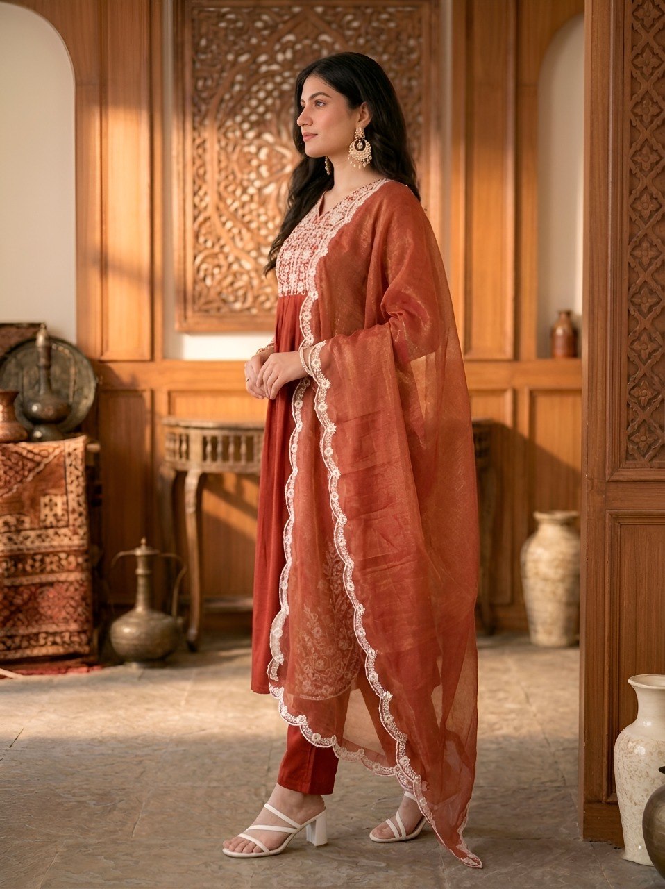Burnt Rust Maska Cotton Embroidered Straight Kurta Pant Set with Dupatta