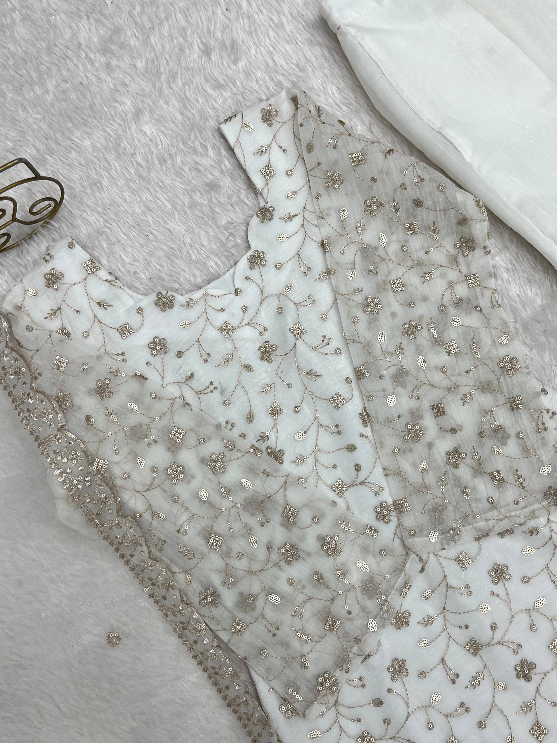 Women’s Off White Embroidered Kurta Set with Bell Bottom Pant & Dupatta | Partywear Ethnic Suit