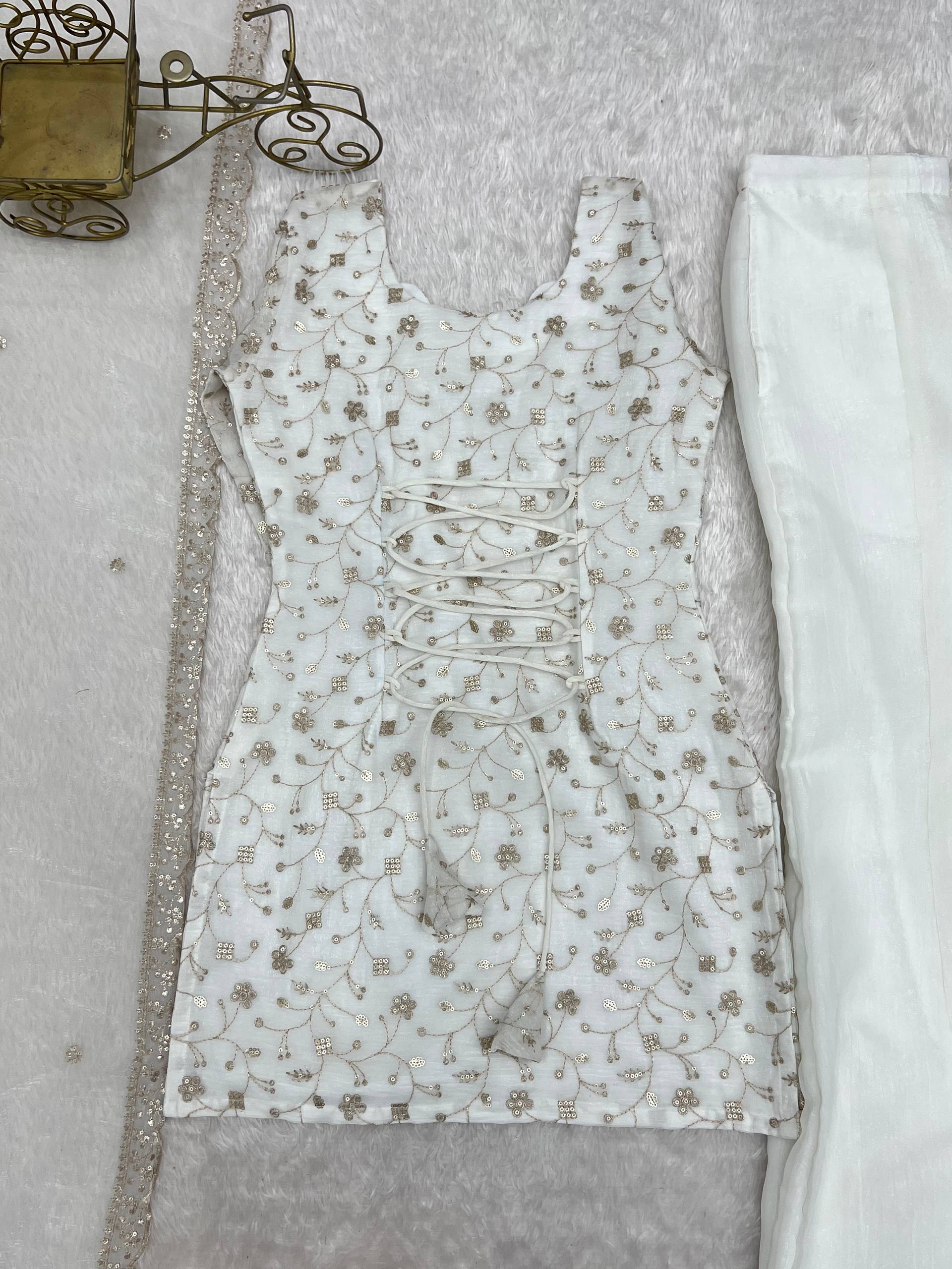 Women’s Off White Embroidered Kurta Set with Bell Bottom Pant & Dupatta | Partywear Ethnic Suit