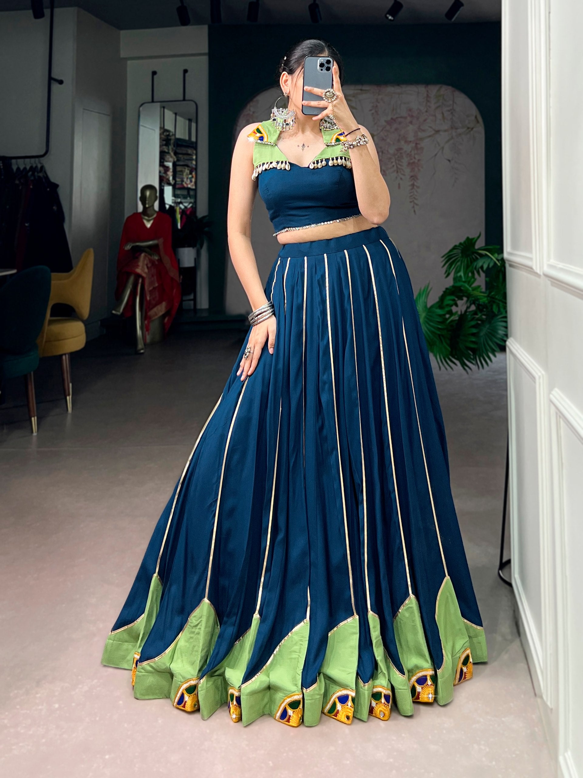 Navy Blue & Pistachio Green Gamthi Work Navratri Lehenga Choli | Mirror Lace | 6 Meter Flair