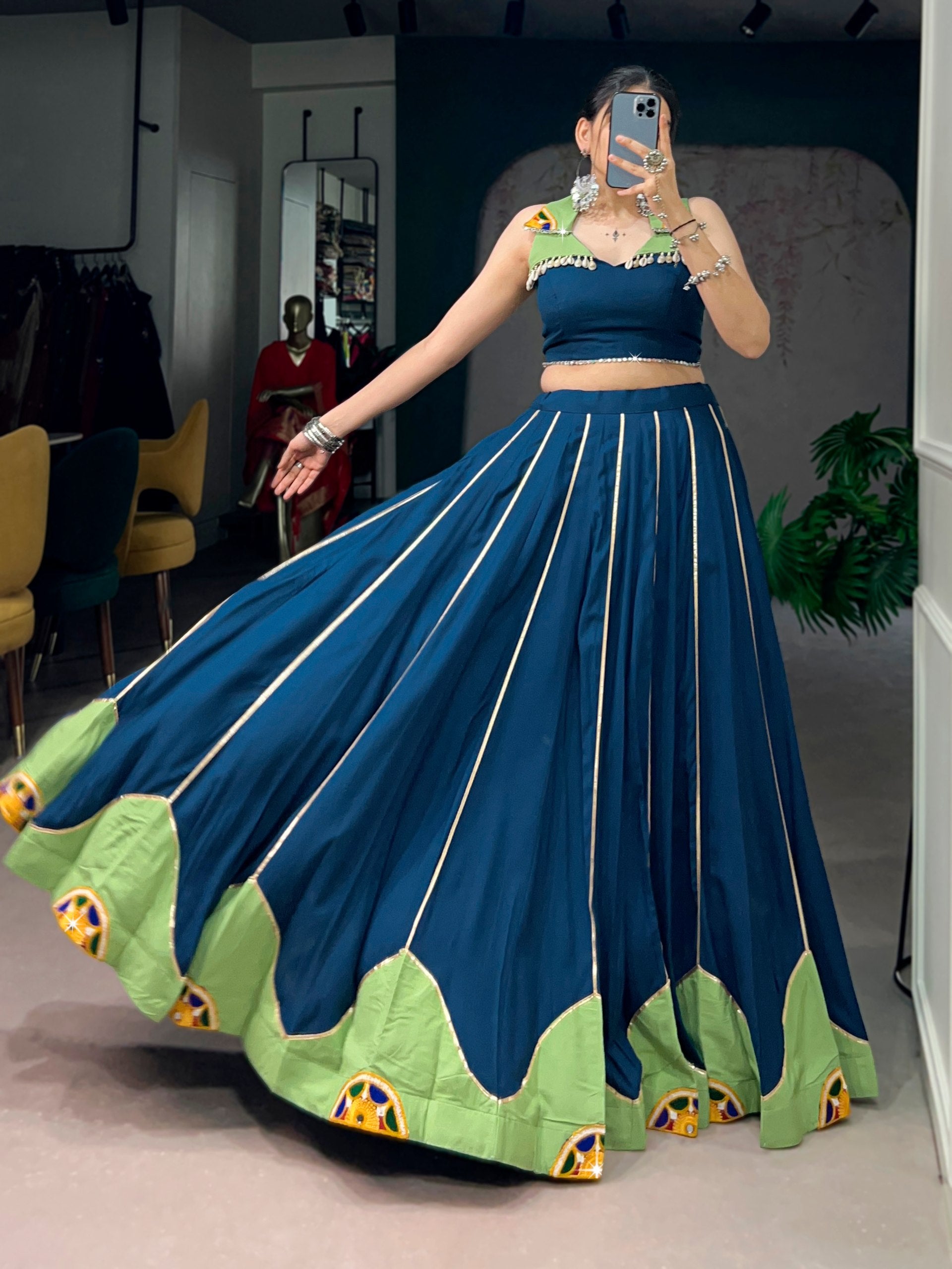 Navy Blue & Pistachio Green Gamthi Work Navratri Lehenga Choli | Mirror Lace | 6 Meter Flair