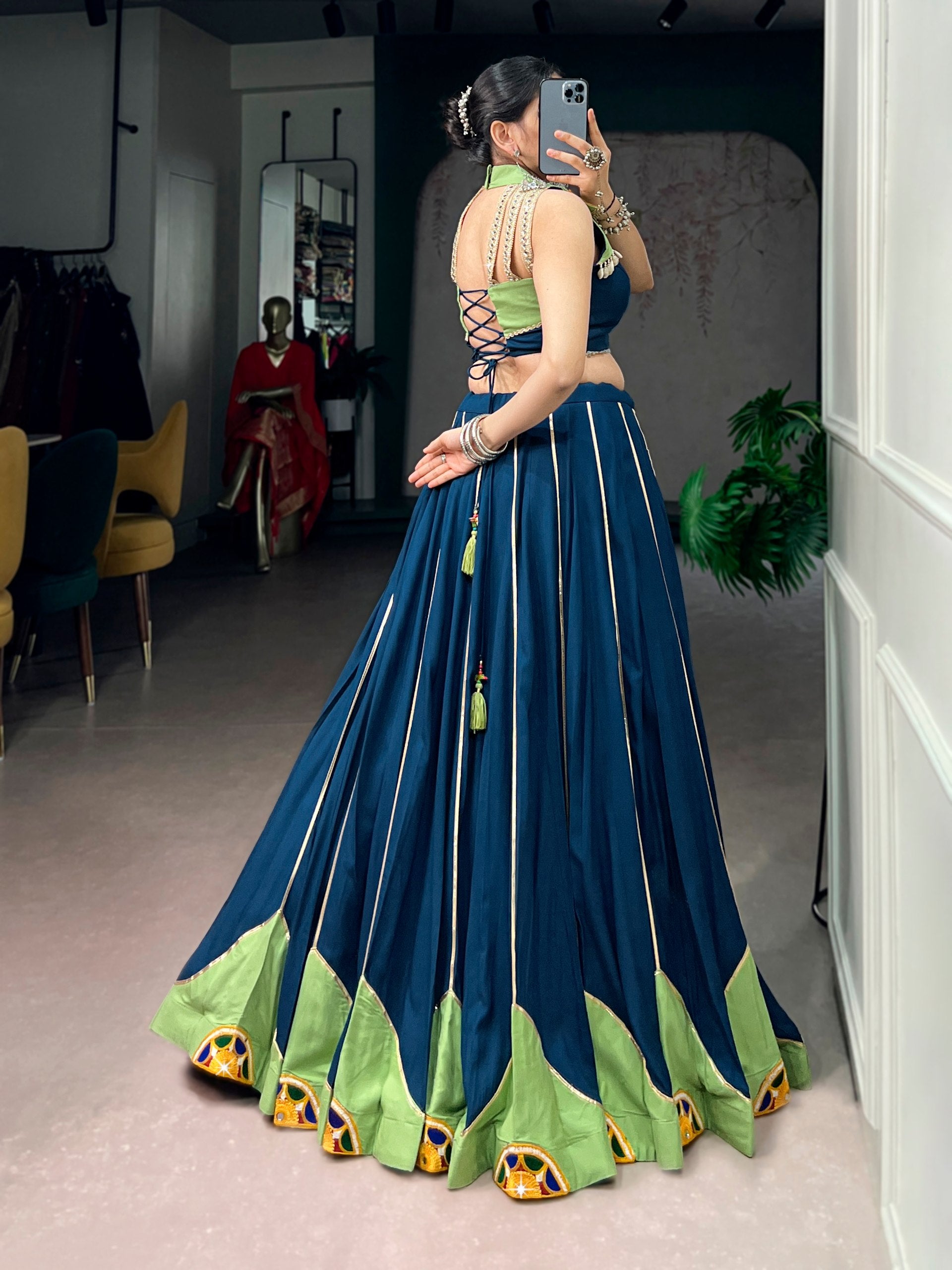 Navy Blue & Pistachio Green Gamthi Work Navratri Lehenga Choli | Mirror Lace | 6 Meter Flair