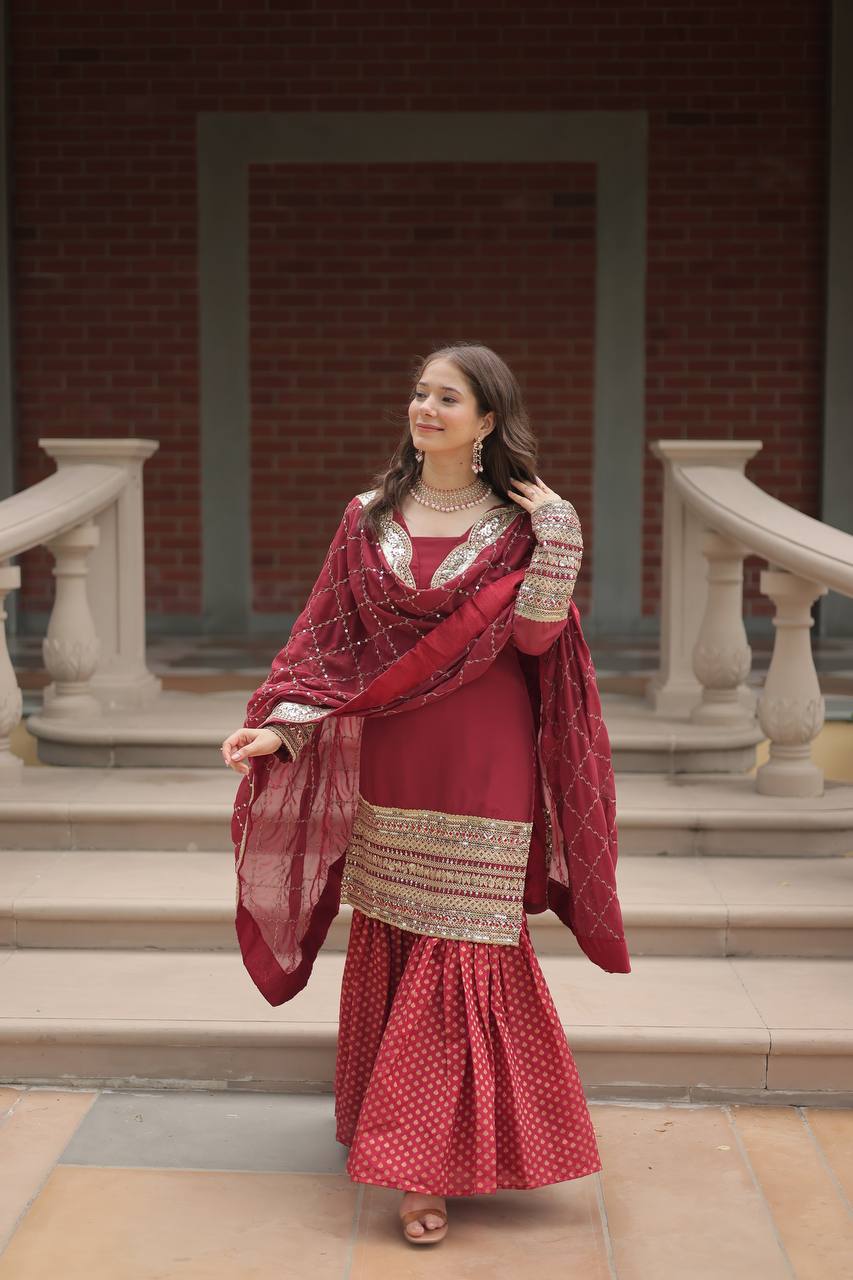 Long Sleeve Red Color Sharara Suit For Lohri Festival