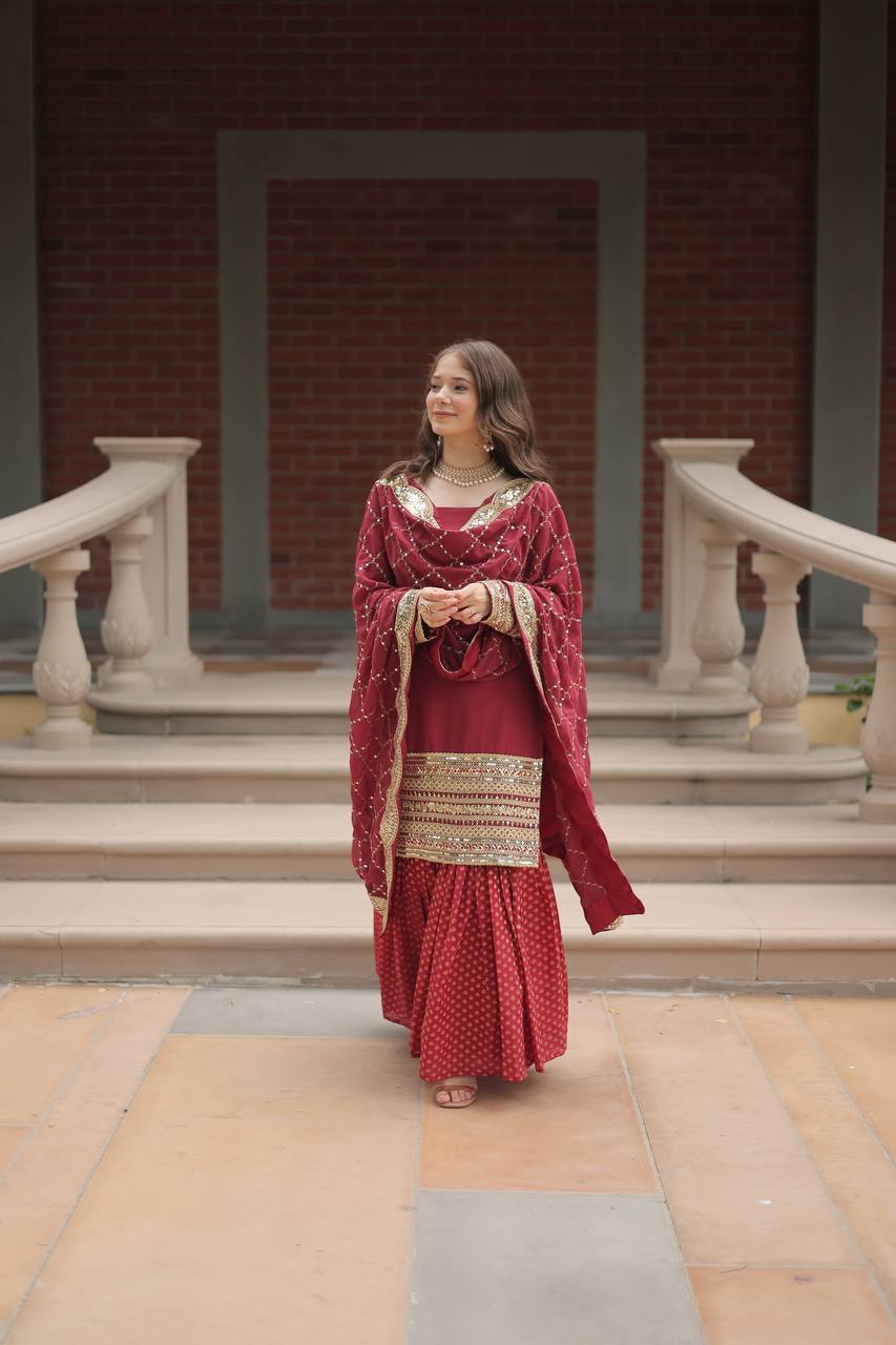 Long Sleeve Red Color Sharara Suit For Lohri Festival