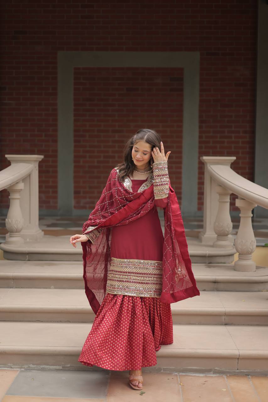 Long Sleeve Red Color Sharara Suit For Lohri Festival